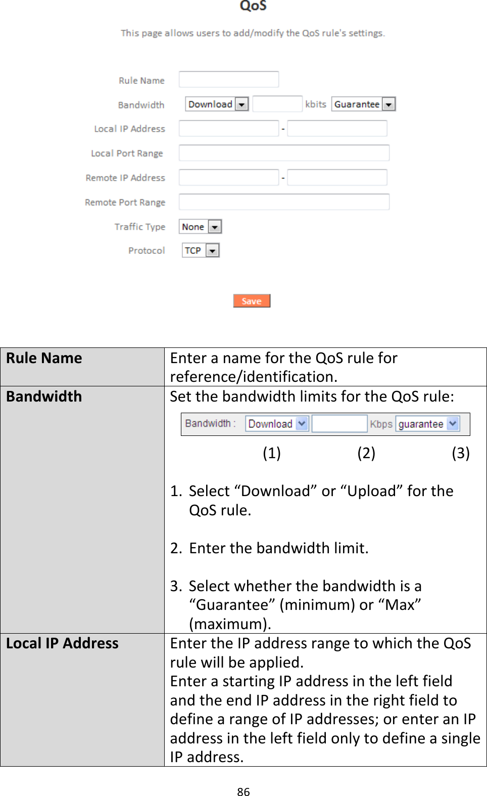 86   Rule Name Enter a name for the QoS rule for reference/identification. Bandwidth Set the bandwidth limits for the QoS rule:             (1)         (2)         (3)  1. Select “Download” or “Upload” for the QoS rule.  2. Enter the bandwidth limit.  3. Select whether the bandwidth is a “Guarantee” (minimum) or “Max” (maximum). Local IP Address Enter the IP address range to which the QoS rule will be applied. Enter a starting IP address in the left field and the end IP address in the right field to define a range of IP addresses; or enter an IP address in the left field only to define a single IP address. 