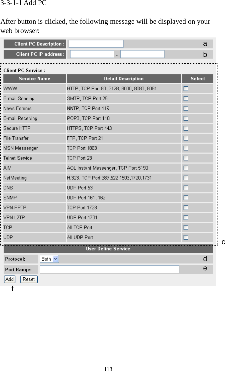 118 3-3-1-1 Add PC  After button is clicked, the following message will be displayed on your web browser:   a b c d e f 