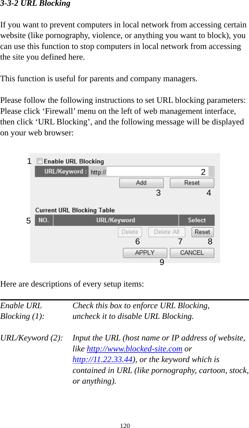 120 3-3-2 URL Blocking  If you want to prevent computers in local network from accessing certain website (like pornography, violence, or anything you want to block), you can use this function to stop computers in local network from accessing the site you defined here.  This function is useful for parents and company managers.  Please follow the following instructions to set URL blocking parameters: Please click ‘Firewall’ menu on the left of web management interface, then click ‘URL Blocking’, and the following message will be displayed on your web browser:    Here are descriptions of every setup items:  Enable URL      Check this box to enforce URL Blocking, Blocking (1):      uncheck it to disable URL Blocking.  URL/Keyword (2):    Input the URL (host name or IP address of website, like http://www.blocked-site.com or http://11.22.33.44), or the keyword which is contained in URL (like pornography, cartoon, stock, or anything).   2 3 4 5 6 7 8 9 1 