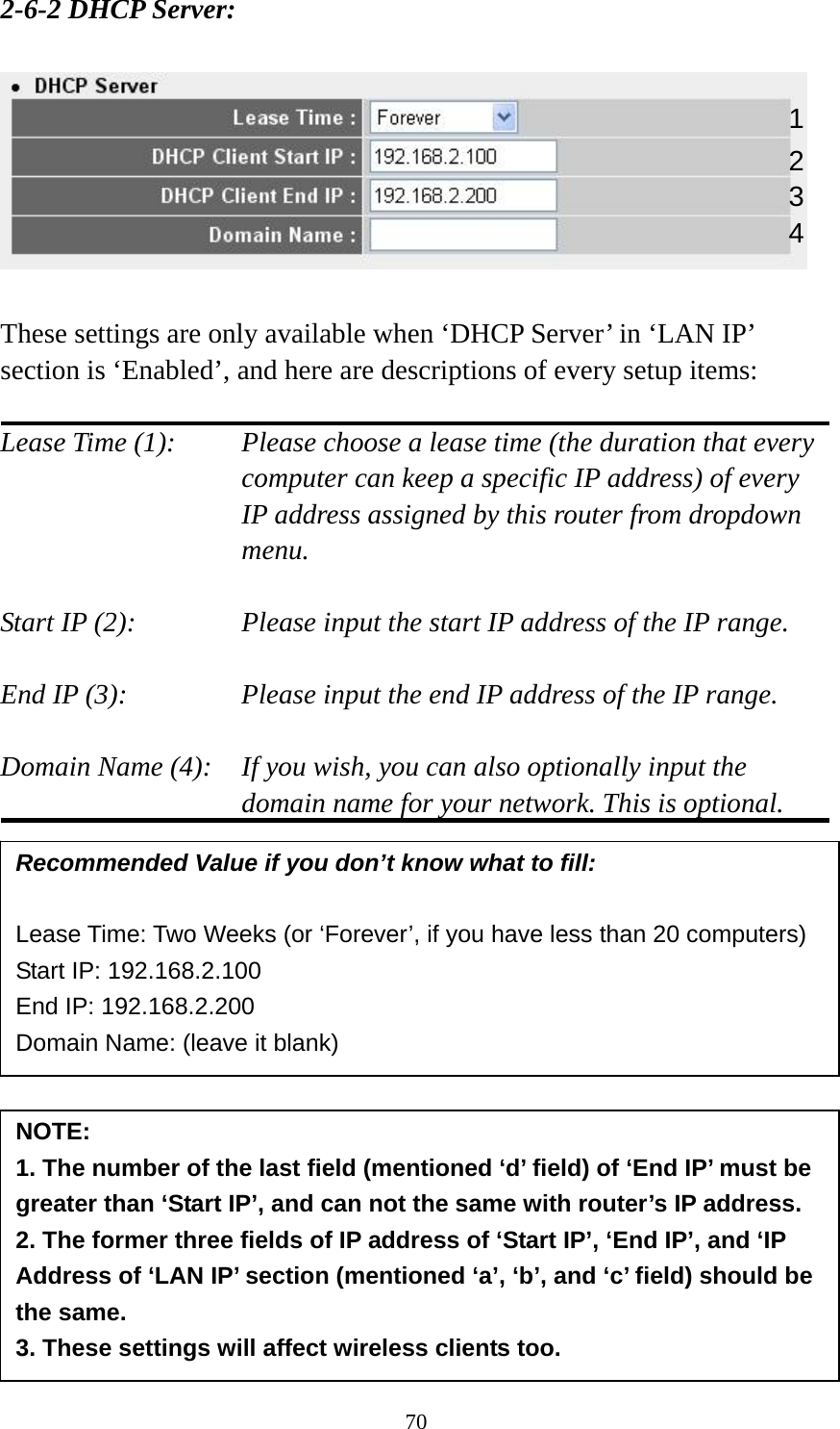 70 2-6-2 DHCP Server:    These settings are only available when ‘DHCP Server’ in ‘LAN IP’ section is ‘Enabled’, and here are descriptions of every setup items:  Lease Time (1):    Please choose a lease time (the duration that every computer can keep a specific IP address) of every IP address assigned by this router from dropdown menu.  Start IP (2):      Please input the start IP address of the IP range.  End IP (3):       Please input the end IP address of the IP range.  Domain Name (4):    If you wish, you can also optionally input the domain name for your network. This is optional.                Recommended Value if you don’t know what to fill:  Lease Time: Two Weeks (or ‘Forever’, if you have less than 20 computers) Start IP: 192.168.2.100 End IP: 192.168.2.200 Domain Name: (leave it blank) NOTE:  1. The number of the last field (mentioned ‘d’ field) of ‘End IP’ must be greater than ‘Start IP’, and can not the same with router’s IP address. 2. The former three fields of IP address of ‘Start IP’, ‘End IP’, and ‘IP Address of ‘LAN IP’ section (mentioned ‘a’, ‘b’, and ‘c’ field) should be the same. 3. These settings will affect wireless clients too. 1 3 4 2 