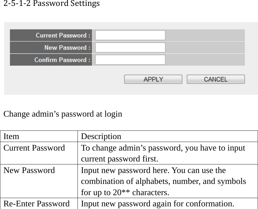 2‐5‐1‐2PasswordSettings  Change admin’s password at login  Item Description Current Password  To change admin’s password, you have to input current password first. New Password  Input new password here. You can use the combination of alphabets, number, and symbols for up to 20** characters. Re-Enter Password  Input new password again for conformation.    