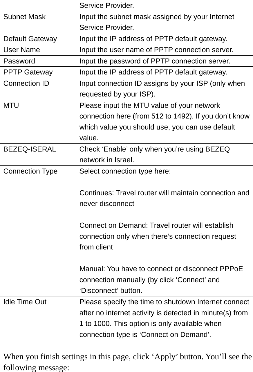 Service Provider. Subnet Mask  Input the subnet mask assigned by your Internet Service Provider. Default Gateway  Input the IP address of PPTP default gateway. User Name  Input the user name of PPTP connection server. Password  Input the password of PPTP connection server. PPTP Gateway  Input the IP address of PPTP default gateway. Connection ID  Input connection ID assigns by your ISP (only when requested by your ISP). MTU  Please input the MTU value of your network connection here (from 512 to 1492). If you don’t know which value you should use, you can use default value. BEZEQ-ISERAL  Check ‘Enable’ only when you’re using BEZEQ network in Israel. Connection Type  Select connection type here:  Continues: Travel router will maintain connection and never disconnect  Connect on Demand: Travel router will establish connection only when there’s connection request from client  Manual: You have to connect or disconnect PPPoE connection manually (by click ‘Connect’ and ‘Disconnect’ button. Idle Time Out  Please specify the time to shutdown Internet connect after no internet activity is detected in minute(s) from 1 to 1000. This option is only available when connection type is ‘Connect on Demand’.  When you finish settings in this page, click ‘Apply’ button. You’ll see the following message:  