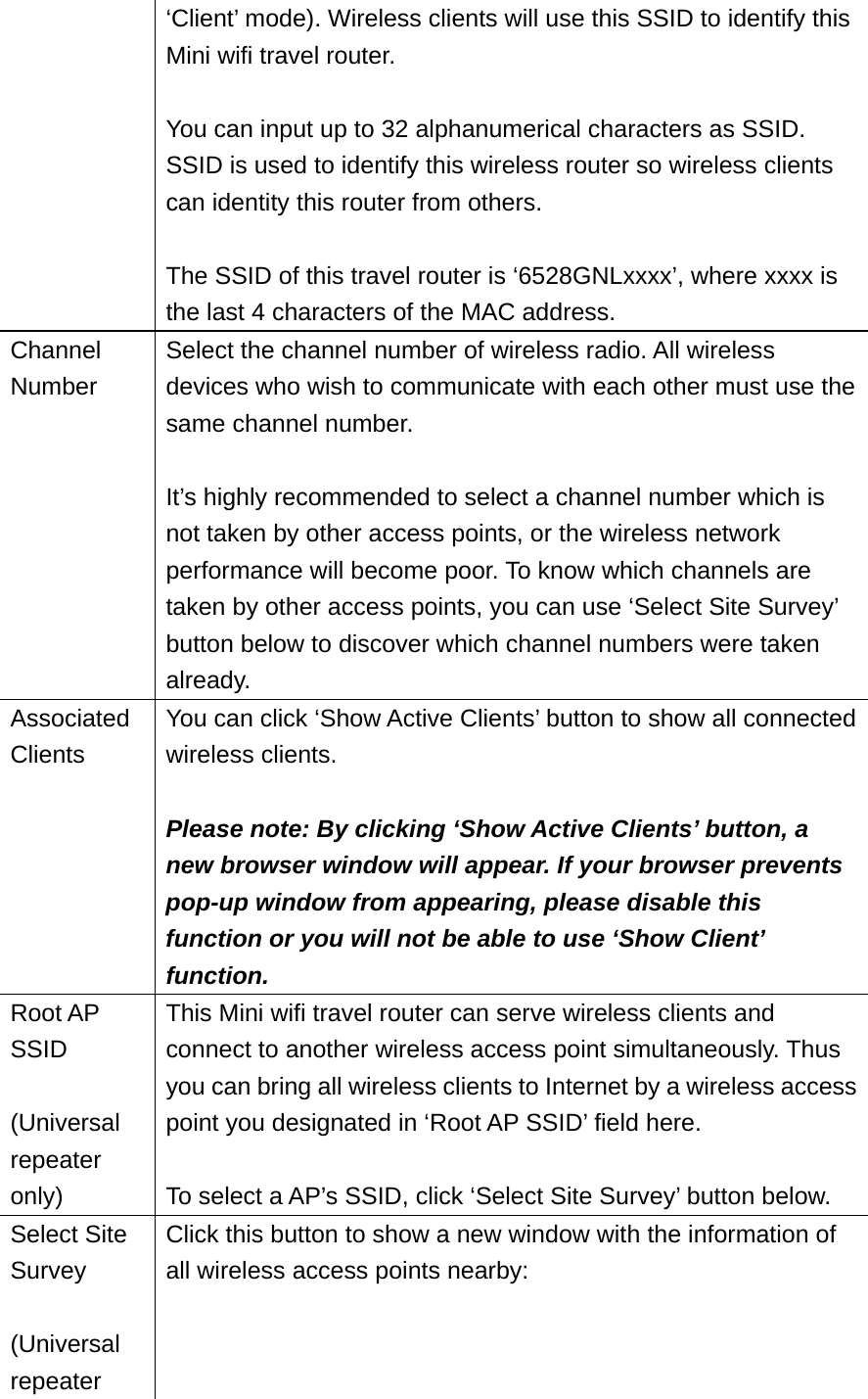 ‘Client’ mode). Wireless clients will use this SSID to identify this Mini wifi travel router.  You can input up to 32 alphanumerical characters as SSID. SSID is used to identify this wireless router so wireless clients can identity this router from others.  The SSID of this travel router is ‘6528GNLxxxx’, where xxxx is the last 4 characters of the MAC address. Channel Number Select the channel number of wireless radio. All wireless devices who wish to communicate with each other must use the same channel number.    It’s highly recommended to select a channel number which is not taken by other access points, or the wireless network performance will become poor. To know which channels are taken by other access points, you can use ‘Select Site Survey’ button below to discover which channel numbers were taken already. Associated Clients You can click ‘Show Active Clients’ button to show all connected wireless clients.  Please note: By clicking ‘Show Active Clients’ button, a new browser window will appear. If your browser prevents pop-up window from appearing, please disable this function or you will not be able to use ‘Show Client’ function. Root AP SSID  (Universal repeater only) This Mini wifi travel router can serve wireless clients and connect to another wireless access point simultaneously. Thus you can bring all wireless clients to Internet by a wireless access point you designated in ‘Root AP SSID’ field here.  To select a AP’s SSID, click ‘Select Site Survey’ button below. Select Site Survey  (Universal repeater Click this button to show a new window with the information of all wireless access points nearby:  