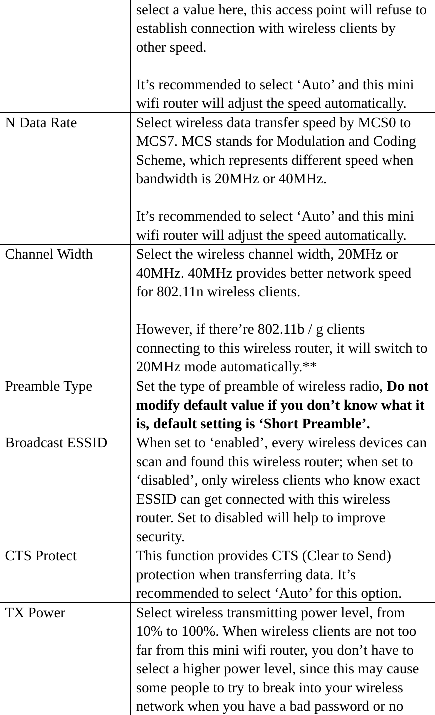 select a value here, this access point will refuse to establish connection with wireless clients by other speed.  It’s recommended to select ‘Auto’ and this mini wifi router will adjust the speed automatically. N Data Rate  Select wireless data transfer speed by MCS0 to MCS7. MCS stands for Modulation and Coding Scheme, which represents different speed when bandwidth is 20MHz or 40MHz.  It’s recommended to select ‘Auto’ and this mini wifi router will adjust the speed automatically. Channel Width  Select the wireless channel width, 20MHz or 40MHz. 40MHz provides better network speed for 802.11n wireless clients.    However, if there’re 802.11b / g clients connecting to this wireless router, it will switch to 20MHz mode automatically.** Preamble Type    Set the type of preamble of wireless radio, Do not modify default value if you don’t know what it is, default setting is ‘Short Preamble’. Broadcast ESSID  When set to ‘enabled’, every wireless devices can scan and found this wireless router; when set to ‘disabled’, only wireless clients who know exact ESSID can get connected with this wireless router. Set to disabled will help to improve security. CTS Protect  This function provides CTS (Clear to Send) protection when transferring data. It’s recommended to select ‘Auto’ for this option. TX Power  Select wireless transmitting power level, from 10% to 100%. When wireless clients are not too far from this mini wifi router, you don’t have to select a higher power level, since this may cause some people to try to break into your wireless network when you have a bad password or no 