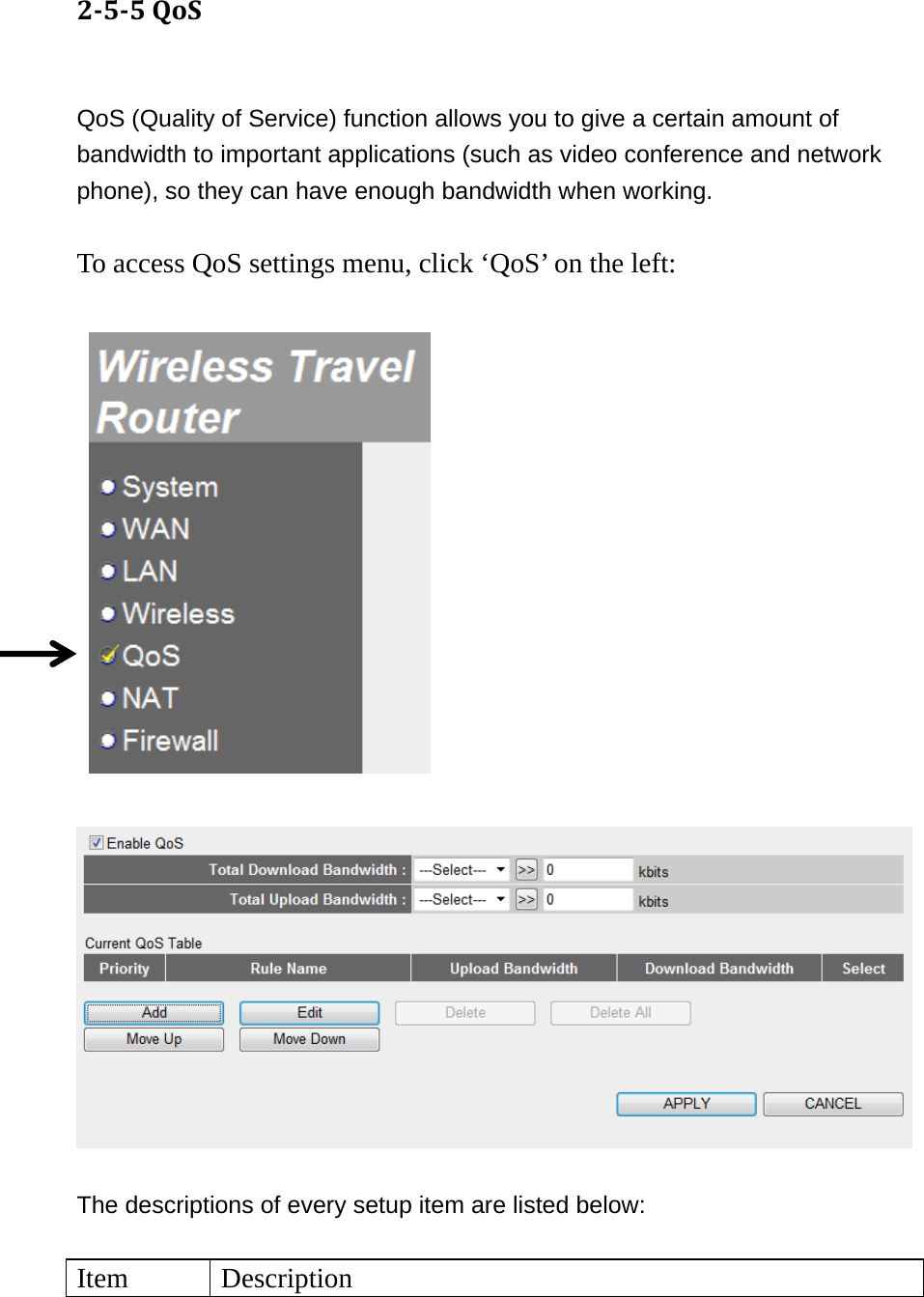 255QoS QoS (Quality of Service) function allows you to give a certain amount of bandwidth to important applications (such as video conference and network phone), so they can have enough bandwidth when working.  To access QoS settings menu, click ‘QoS’ on the left:       The descriptions of every setup item are listed below:  Item Description 