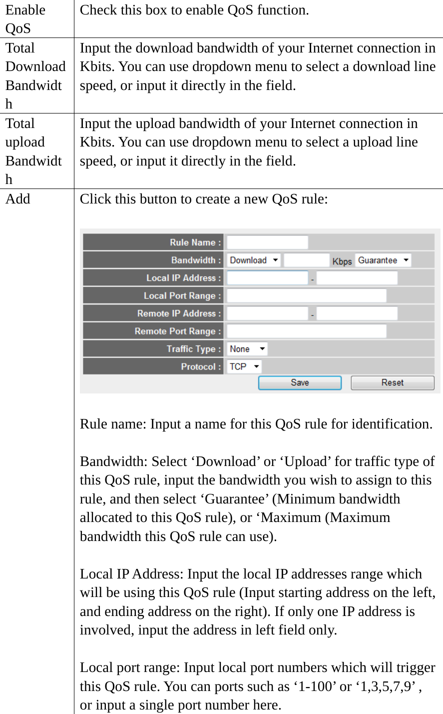 Enable QoS Check this box to enable QoS function. Total Download Bandwidth Input the download bandwidth of your Internet connection in Kbits. You can use dropdown menu to select a download line speed, or input it directly in the field. Total upload Bandwidth Input the upload bandwidth of your Internet connection in Kbits. You can use dropdown menu to select a upload line speed, or input it directly in the field. Add  Click this button to create a new QoS rule:   Rule name: Input a name for this QoS rule for identification.  Bandwidth: Select ‘Download’ or ‘Upload’ for traffic type of this QoS rule, input the bandwidth you wish to assign to this rule, and then select ‘Guarantee’ (Minimum bandwidth allocated to this QoS rule), or ‘Maximum (Maximum bandwidth this QoS rule can use).  Local IP Address: Input the local IP addresses range which will be using this QoS rule (Input starting address on the left, and ending address on the right). If only one IP address is involved, input the address in left field only.  Local port range: Input local port numbers which will trigger this QoS rule. You can ports such as ‘1-100’ or ‘1,3,5,7,9’ , or input a single port number here. 