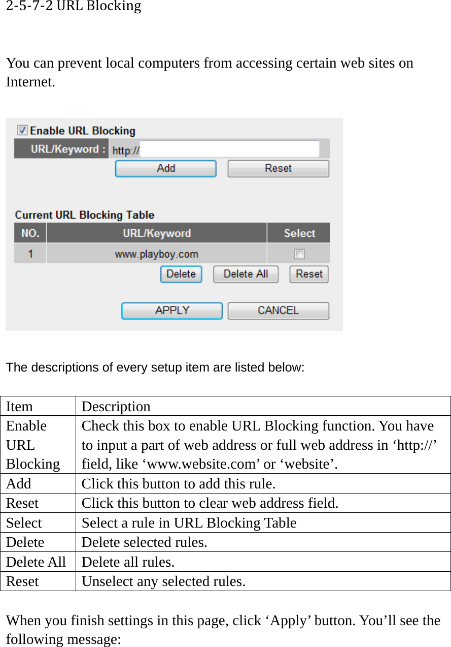 2‐5‐7‐2URLBlocking You can prevent local computers from accessing certain web sites on Internet.     The descriptions of every setup item are listed below:  Item Description Enable URL Blocking Check this box to enable URL Blocking function. You have to input a part of web address or full web address in ‘http://’ field, like ‘www.website.com’ or ‘website’. Add  Click this button to add this rule. Reset  Click this button to clear web address field. Select  Select a rule in URL Blocking Table Delete  Delete selected rules. Delete All  Delete all rules. Reset    Unselect any selected rules. When you finish settings in this page, click ‘Apply’ button. You’ll see the following message:  