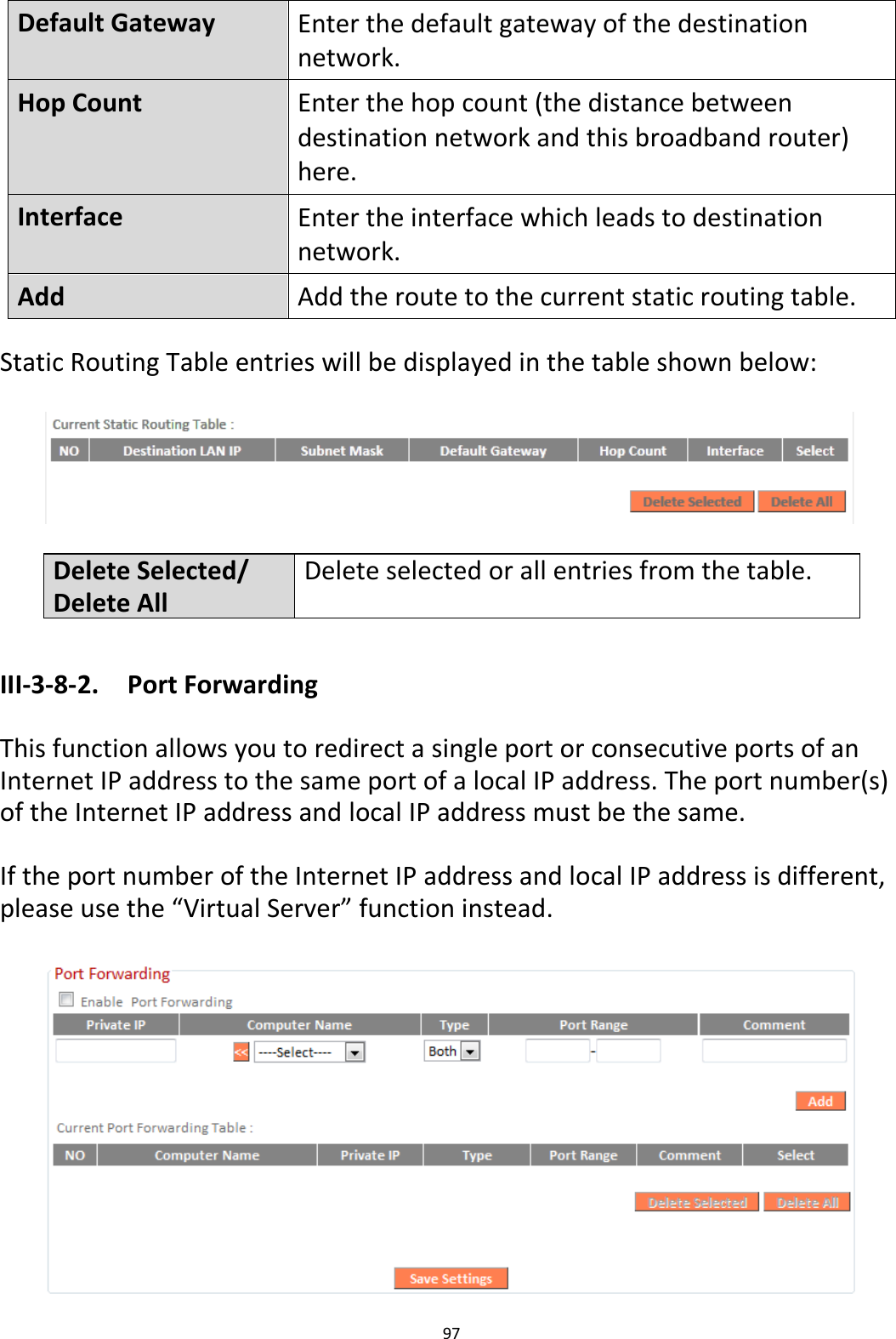 97  Default Gateway Enter the default gateway of the destination network. Hop Count Enter the hop count (the distance between destination network and this broadband router) here. Interface Enter the interface which leads to destination network. Add Add the route to the current static routing table.  Static Routing Table entries will be displayed in the table shown below:    Delete Selected/ Delete All Delete selected or all entries from the table.  III-3-8-2.  Port Forwarding  This function allows you to redirect a single port or consecutive ports of an Internet IP address to the same port of a local IP address. The port number(s) of the Internet IP address and local IP address must be the same.  If the port number of the Internet IP address and local IP address is different, please use the “Virtual Server” function instead.   