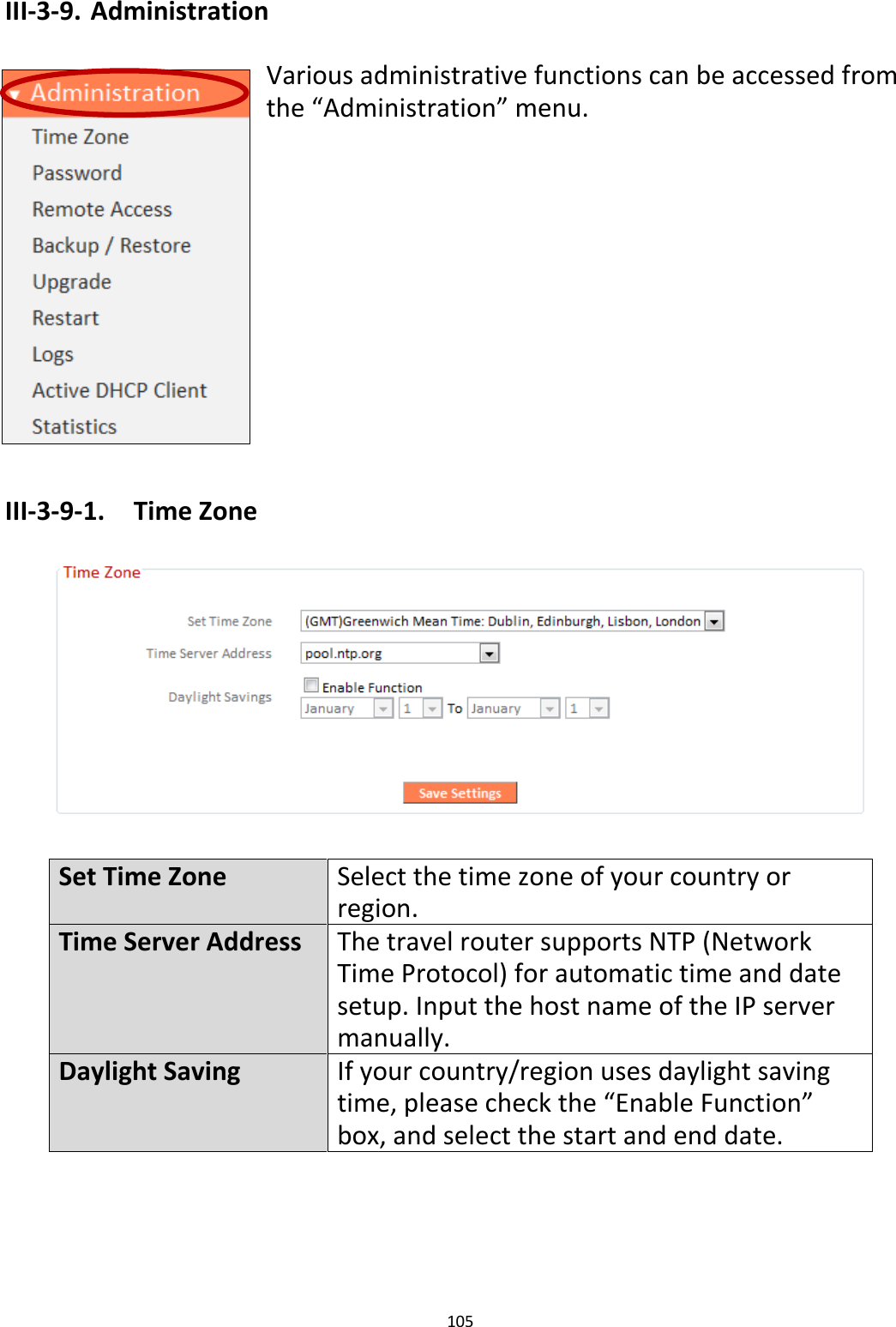 105  III-3-9. Administration  Various administrative functions can be accessed from the “Administration” menu.            III-3-9-1.  Time Zone    Set Time Zone Select the time zone of your country or region. Time Server Address The travel router supports NTP (Network Time Protocol) for automatic time and date setup. Input the host name of the IP server manually. Daylight Saving If your country/region uses daylight saving time, please check the “Enable Function” box, and select the start and end date.  