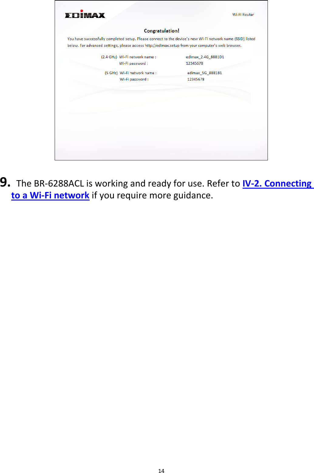 14    9.  The BR-6288ACL is working and ready for use. Refer to IV-2. Connecting to a Wi-Fi network if you require more guidance.  