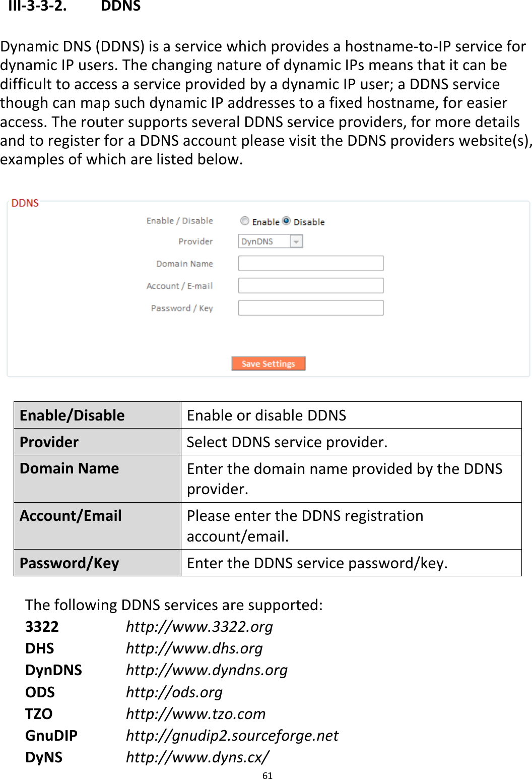 61   III-3-3-2.    DDNS  Dynamic DNS (DDNS) is a service which provides a hostname-to-IP service for dynamic IP users. The changing nature of dynamic IPs means that it can be difficult to access a service provided by a dynamic IP user; a DDNS service though can map such dynamic IP addresses to a fixed hostname, for easier access. The router supports several DDNS service providers, for more details and to register for a DDNS account please visit the DDNS providers website(s), examples of which are listed below.    Enable/Disable Enable or disable DDNS Provider Select DDNS service provider. Domain Name Enter the domain name provided by the DDNS provider. Account/Email Please enter the DDNS registration account/email. Password/Key  Enter the DDNS service password/key.  The following DDNS services are supported: 3322     http://www.3322.org DHS     http://www.dhs.org DynDNS      http://www.dyndns.org ODS      http://ods.org TZO        http://www.tzo.com GnuDIP      http://gnudip2.sourceforge.net DyNS     http://www.dyns.cx/ 