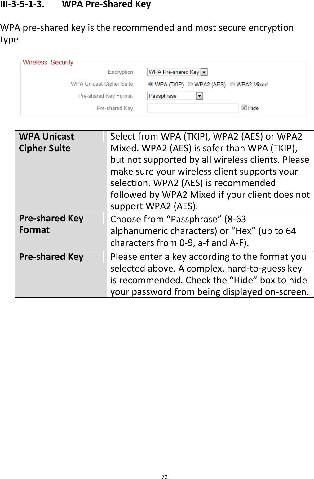 72  III-3-5-1-3.   WPA Pre-Shared Key  WPA pre-shared key is the recommended and most secure encryption type.    WPA Unicast Cipher Suite Select from WPA (TKIP), WPA2 (AES) or WPA2 Mixed. WPA2 (AES) is safer than WPA (TKIP), but not supported by all wireless clients. Please make sure your wireless client supports your selection. WPA2 (AES) is recommended followed by WPA2 Mixed if your client does not support WPA2 (AES). Pre-shared Key Format Choose from “Passphrase” (8-63 alphanumeric characters) or “Hex” (up to 64 characters from 0-9, a-f and A-F).   Pre-shared Key Please enter a key according to the format you selected above. A complex, hard-to-guess key is recommended. Check the “Hide” box to hide your password from being displayed on-screen.  