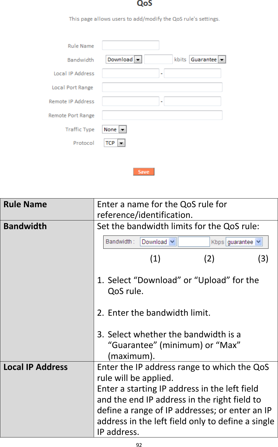 92    Rule Name Enter a name for the QoS rule for reference/identification. Bandwidth Set the bandwidth limits for the QoS rule:             (1)         (2)         (3)  1. Select “Download” or “Upload” for the QoS rule.  2. Enter the bandwidth limit.  3. Select whether the bandwidth is a “Guarantee” (minimum) or “Max” (maximum). Local IP Address Enter the IP address range to which the QoS rule will be applied. Enter a starting IP address in the left field and the end IP address in the right field to define a range of IP addresses; or enter an IP address in the left field only to define a single IP address. 