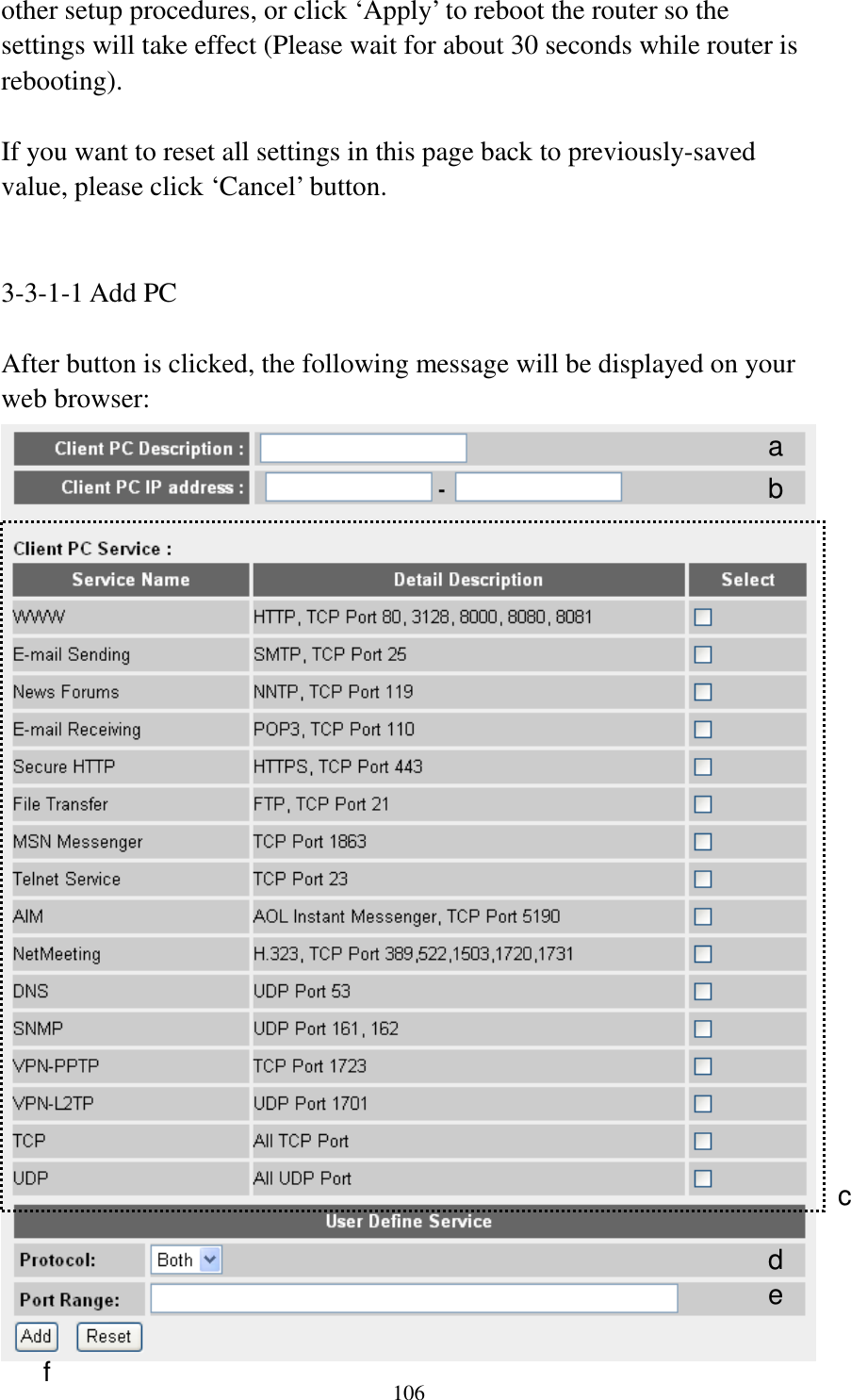 106 other setup procedures, or click ‘Apply’ to reboot the router so the settings will take effect (Please wait for about 30 seconds while router is rebooting).  If you want to reset all settings in this page back to previously-saved value, please click ‘Cancel’ button.   3-3-1-1 Add PC  After button is clicked, the following message will be displayed on your web browser:  a b c d e f 