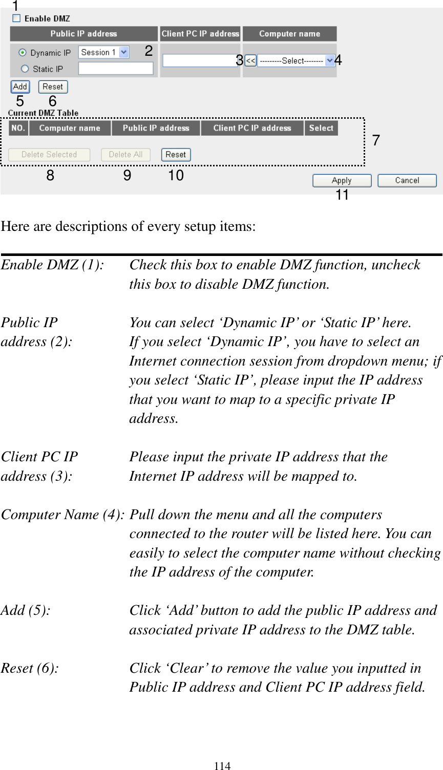 114   Here are descriptions of every setup items:  Enable DMZ (1):    Check this box to enable DMZ function, uncheck this box to disable DMZ function.  Public IP        You can select ‘Dynamic IP’ or ‘Static IP’ here. address (2):    If you select ‘Dynamic IP’, you have to select an Internet connection session from dropdown menu; if you select ‘Static IP’, please input the IP address that you want to map to a specific private IP address.  Client PC IP      Please input the private IP address that the address (3):      Internet IP address will be mapped to.  Computer Name (4): Pull down the menu and all the computers connected to the router will be listed here. You can easily to select the computer name without checking the IP address of the computer.  Add (5):    Click ‘Add’ button to add the public IP address and associated private IP address to the DMZ table.  Reset (6):    Click ‘Clear’ to remove the value you inputted in Public IP address and Client PC IP address field.   1 2 4 5 6 7 8 9 10 11 3 