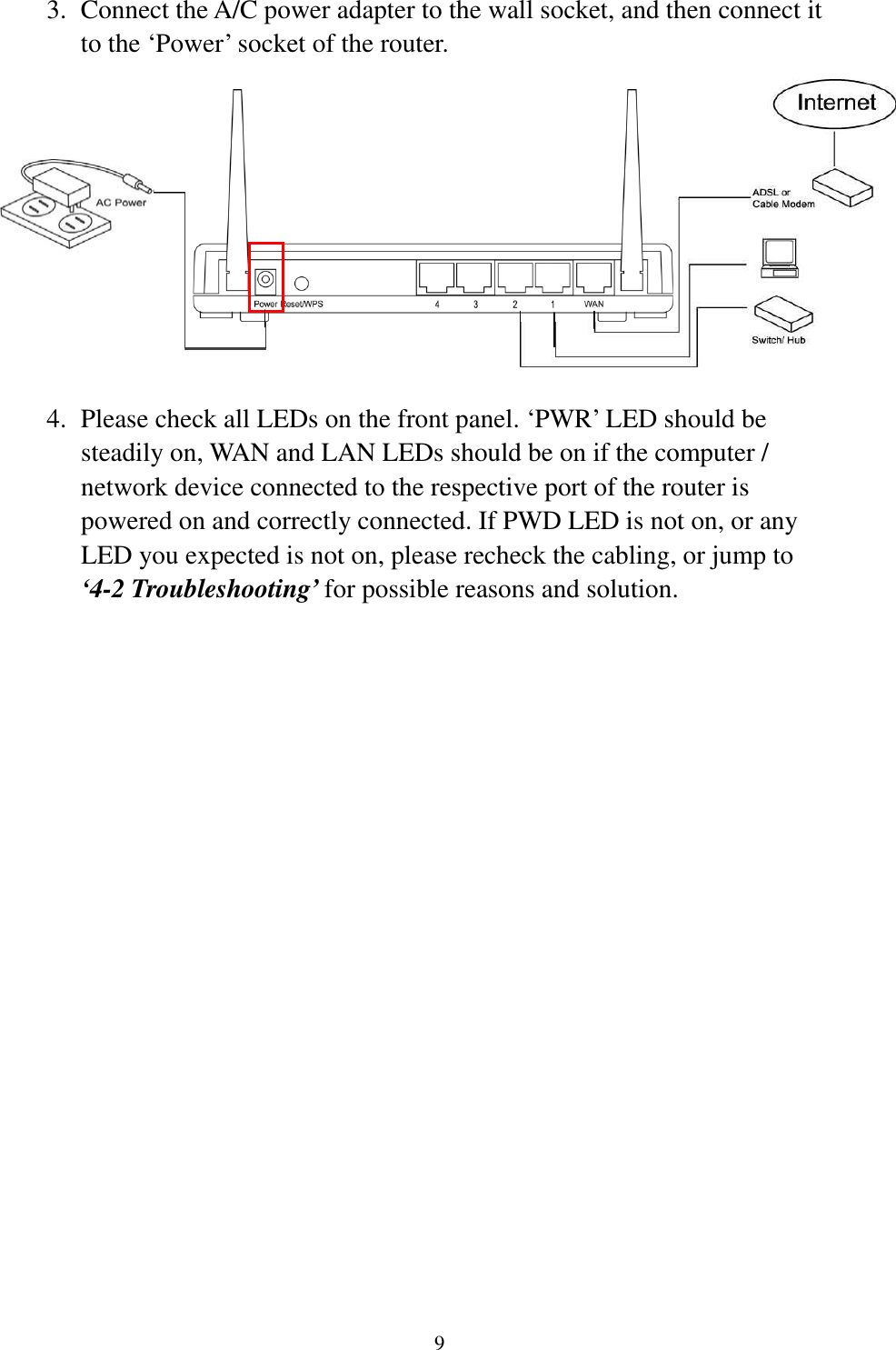 9 3.  Connect the A/C power adapter to the wall socket, and then connect it to the ‘Power’ socket of the router.           4.  Please check all LEDs on the front panel. ‘PWR’ LED should be steadily on, WAN and LAN LEDs should be on if the computer / network device connected to the respective port of the router is powered on and correctly connected. If PWD LED is not on, or any LED you expected is not on, please recheck the cabling, or jump to ‘4-2 Troubleshooting’ for possible reasons and solution. 