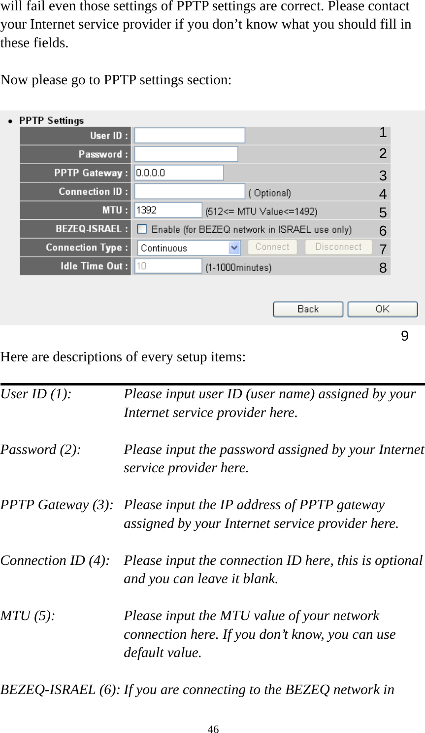 46 will fail even those settings of PPTP settings are correct. Please contact your Internet service provider if you don’t know what you should fill in these fields.  Now please go to PPTP settings section:    Here are descriptions of every setup items:  User ID (1):    Please input user ID (user name) assigned by your Internet service provider here.  Password (2):    Please input the password assigned by your Internet service provider here.  PPTP Gateway (3):   Please input the IP address of PPTP gateway assigned by your Internet service provider here.  Connection ID (4):    Please input the connection ID here, this is optional and you can leave it blank.  MTU (5):    Please input the MTU value of your network connection here. If you don’t know, you can use default value.  BEZEQ-ISRAEL (6): If you are connecting to the BEZEQ network in 1 23 4 5 7 8 9 6 