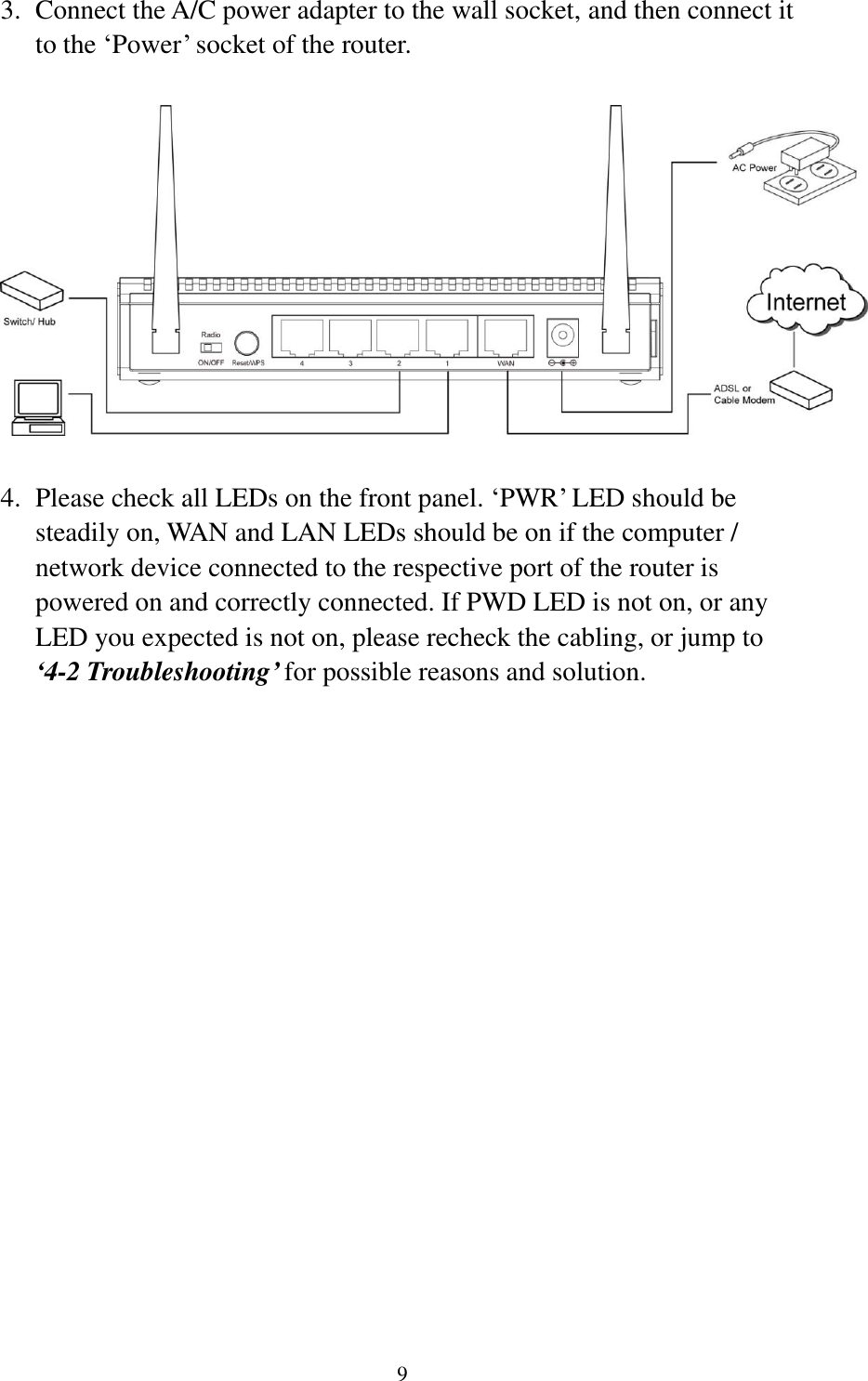 9 3. Connect the A/C power adapter to the wall socket, and then connect it to the „Power‟ socket of the router.    4. Please check all LEDs on the front panel. „PWR‟ LED should be steadily on, WAN and LAN LEDs should be on if the computer / network device connected to the respective port of the router is powered on and correctly connected. If PWD LED is not on, or any LED you expected is not on, please recheck the cabling, or jump to ‘4-2 Troubleshooting’ for possible reasons and solution. 