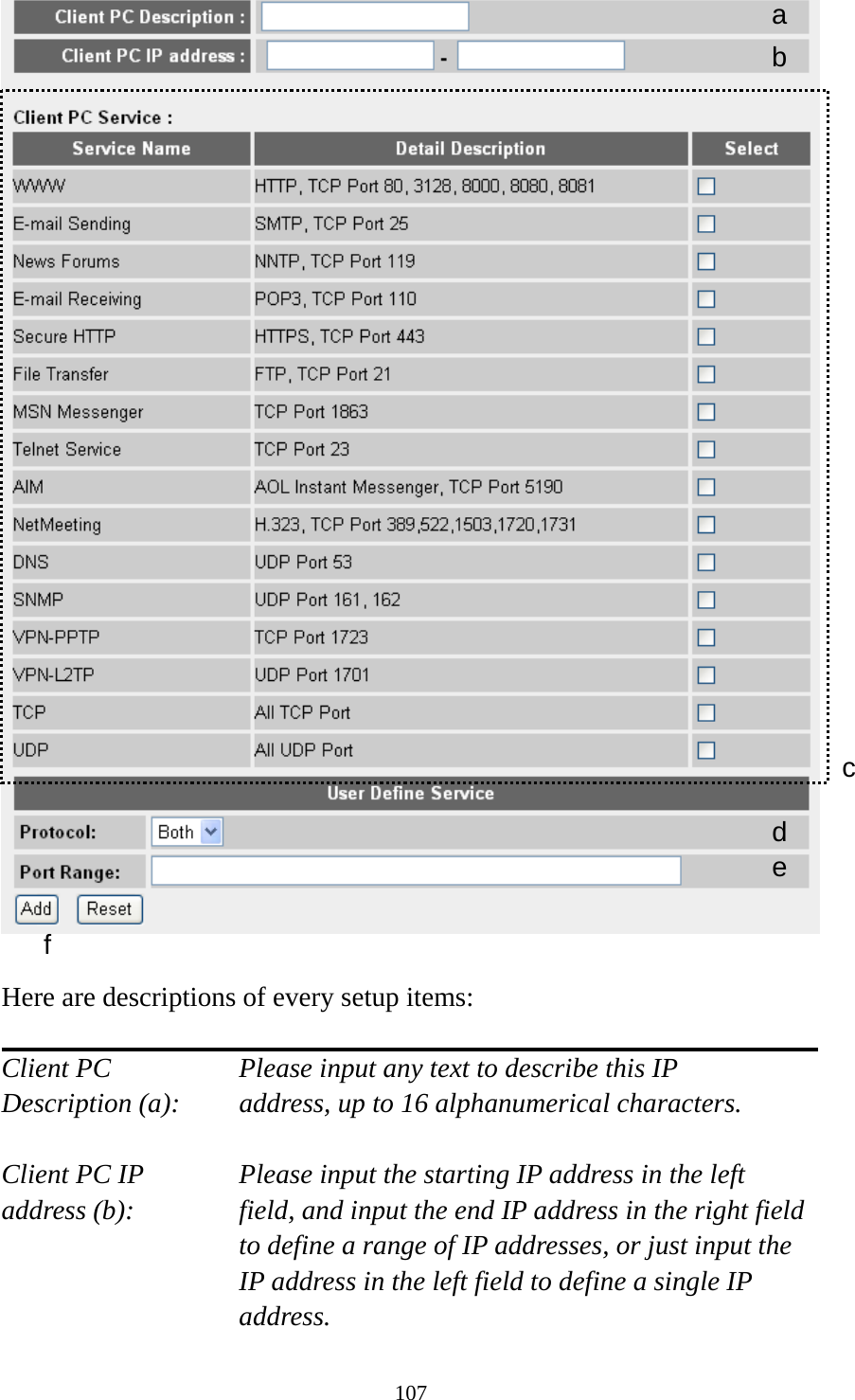 107   Here are descriptions of every setup items:  Client PC        Please input any text to describe this IP Description (a):    address, up to 16 alphanumerical characters.  Client PC IP      Please input the starting IP address in the left address (b):    field, and input the end IP address in the right field to define a range of IP addresses, or just input the IP address in the left field to define a single IP address. a b c d e f 