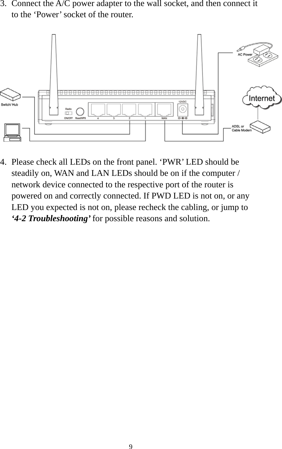 9 3. Connect the A/C power adapter to the wall socket, and then connect it to the ‘Power’ socket of the router.    4. Please check all LEDs on the front panel. ‘PWR’ LED should be steadily on, WAN and LAN LEDs should be on if the computer / network device connected to the respective port of the router is powered on and correctly connected. If PWD LED is not on, or any LED you expected is not on, please recheck the cabling, or jump to ‘4-2 Troubleshooting’ for possible reasons and solution. 