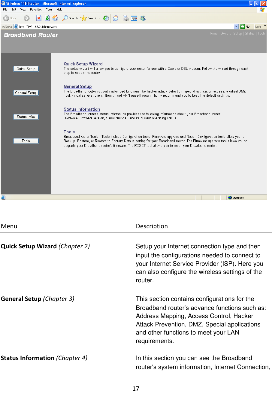 17     Menu            Description  Quick Setup Wizard (Chapter 2) Setup your Internet connection type and then input the configurations needed to connect to your Internet Service Provider (ISP). Here you can also configure the wireless settings of the router.   General Setup (Chapter 3) This section contains configurations for the Broadband router‟s advance functions such as:  Address Mapping, Access Control, Hacker Attack Prevention, DMZ, Special applications and other functions to meet your LAN requirements.   Status Information (Chapter 4) In this section you can see the Broadband router&apos;s system information, Internet Connection, 