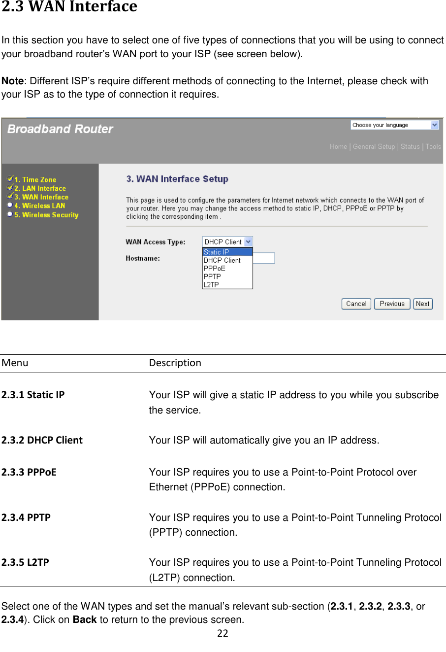 22  2.3 WAN Interface  In this section you have to select one of five types of connections that you will be using to connect your broadband router‟s WAN port to your ISP (see screen below).   Note: Different ISP‟s require different methods of connecting to the Internet, please check with your ISP as to the type of connection it requires.     Menu        Description  2.3.1 Static IP  Your ISP will give a static IP address to you while you subscribe the service.  2.3.2 DHCP Client Your ISP will automatically give you an IP address.  2.3.3 PPPoE Your ISP requires you to use a Point-to-Point Protocol over Ethernet (PPPoE) connection.   2.3.4 PPTP Your ISP requires you to use a Point-to-Point Tunneling Protocol (PPTP) connection.   2.3.5 L2TP Your ISP requires you to use a Point-to-Point Tunneling Protocol (L2TP) connection.  Select one of the WAN types and set the manual‟s relevant sub-section (2.3.1, 2.3.2, 2.3.3, or 2.3.4). Click on Back to return to the previous screen. 