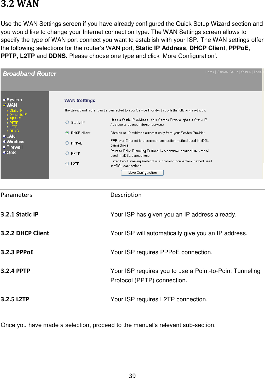 39  3.2 WAN  Use the WAN Settings screen if you have already configured the Quick Setup Wizard section and you would like to change your Internet connection type. The WAN Settings screen allows to specify the type of WAN port connect you want to establish with your ISP. The WAN settings offer the following selections for the router‟s WAN port, Static IP Address, DHCP Client, PPPoE, PPTP, L2TP and DDNS. Please choose one type and click „More Configuration‟.    Parameters        Description  3.2.1 Static IP       Your ISP has given you an IP address already.  3.2.2 DHCP Client Your ISP will automatically give you an IP address.  3.2.3 PPPoE Your ISP requires PPPoE connection.  3.2.4 PPTP Your ISP requires you to use a Point-to-Point Tunneling Protocol (PPTP) connection.   3.2.5 L2TP Your ISP requires L2TP connection.   Once you have made a selection, proceed to the manual‟s relevant sub-section.     