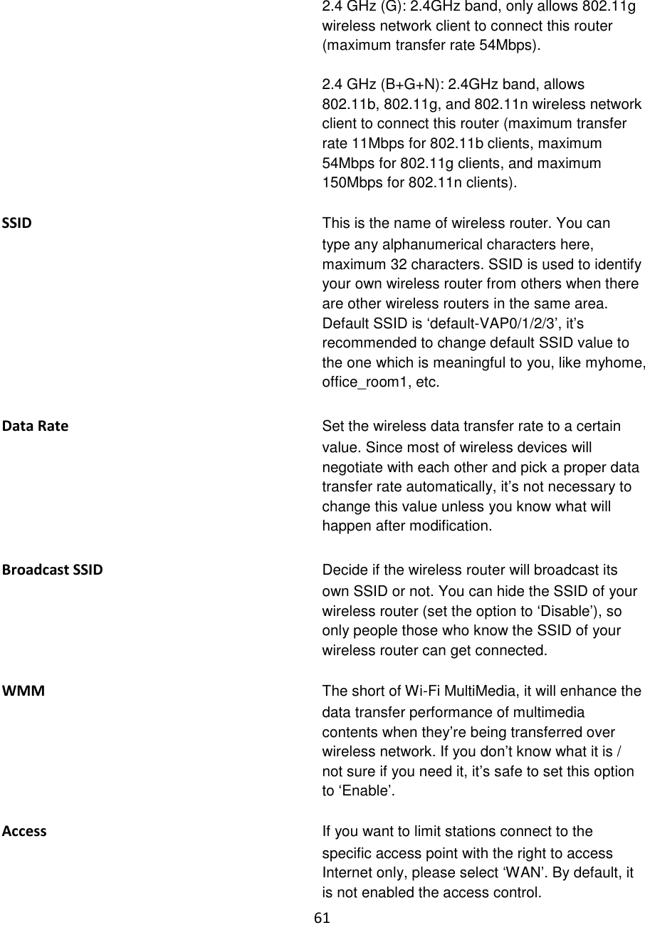 61  2.4 GHz (G): 2.4GHz band, only allows 802.11g wireless network client to connect this router (maximum transfer rate 54Mbps).  2.4 GHz (B+G+N): 2.4GHz band, allows 802.11b, 802.11g, and 802.11n wireless network client to connect this router (maximum transfer rate 11Mbps for 802.11b clients, maximum 54Mbps for 802.11g clients, and maximum 150Mbps for 802.11n clients).  SSID  This is the name of wireless router. You can type any alphanumerical characters here, maximum 32 characters. SSID is used to identify your own wireless router from others when there are other wireless routers in the same area. Default SSID is „default-VAP0/1/2/3‟, it‟s recommended to change default SSID value to the one which is meaningful to you, like myhome, office_room1, etc.  Data Rate Set the wireless data transfer rate to a certain value. Since most of wireless devices will negotiate with each other and pick a proper data transfer rate automatically, it‟s not necessary to change this value unless you know what will happen after modification.  Broadcast SSID Decide if the wireless router will broadcast its own SSID or not. You can hide the SSID of your wireless router (set the option to „Disable‟), so only people those who know the SSID of your wireless router can get connected.  WMM The short of Wi-Fi MultiMedia, it will enhance the data transfer performance of multimedia contents when they‟re being transferred over wireless network. If you don‟t know what it is / not sure if you need it, it‟s safe to set this option to „Enable‟.  Access If you want to limit stations connect to the specific access point with the right to access Internet only, please select „WAN‟. By default, it is not enabled the access control. 