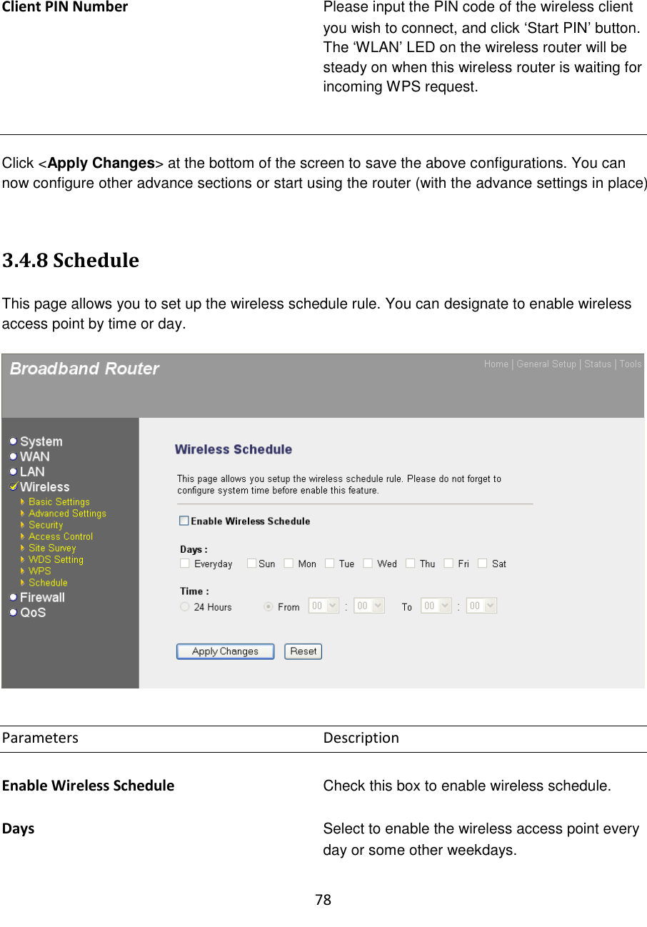 78   Client PIN Number  Please input the PIN code of the wireless client you wish to connect, and click „Start PIN‟ button. The „WLAN‟ LED on the wireless router will be steady on when this wireless router is waiting for incoming WPS request.   Click &lt;Apply Changes&gt; at the bottom of the screen to save the above configurations. You can now configure other advance sections or start using the router (with the advance settings in place)   3.4.8 Schedule  This page allows you to set up the wireless schedule rule. You can designate to enable wireless access point by time or day.    Parameters          Description  Enable Wireless Schedule Check this box to enable wireless schedule.  Days Select to enable the wireless access point every day or some other weekdays.  