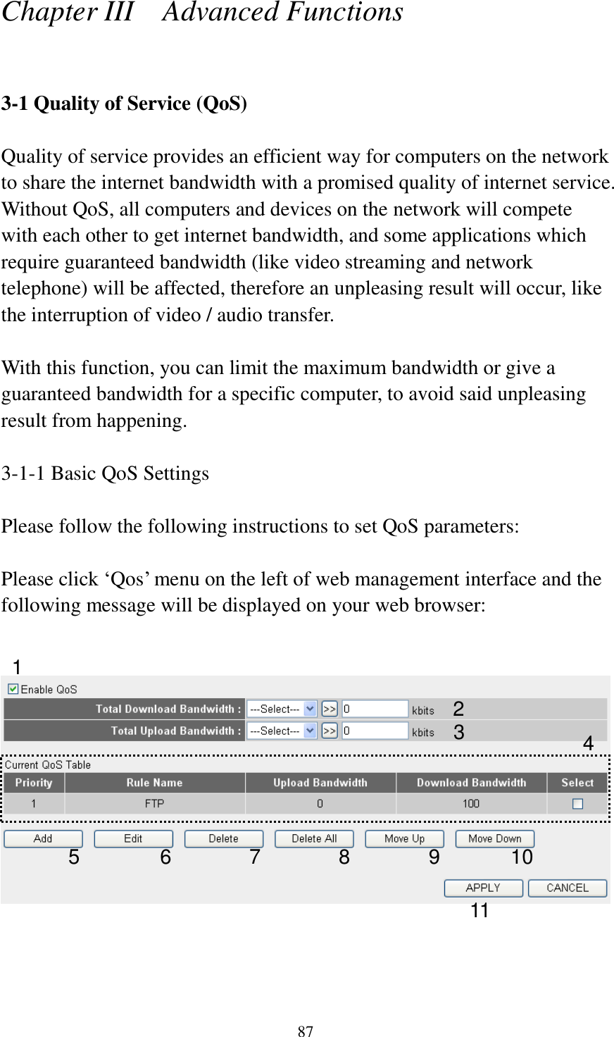 87 Chapter III    Advanced Functions  3-1 Quality of Service (QoS)  Quality of service provides an efficient way for computers on the network to share the internet bandwidth with a promised quality of internet service. Without QoS, all computers and devices on the network will compete with each other to get internet bandwidth, and some applications which require guaranteed bandwidth (like video streaming and network telephone) will be affected, therefore an unpleasing result will occur, like the interruption of video / audio transfer.    With this function, you can limit the maximum bandwidth or give a guaranteed bandwidth for a specific computer, to avoid said unpleasing result from happening.  3-1-1 Basic QoS Settings  Please follow the following instructions to set QoS parameters:  Please click „Qos‟ menu on the left of web management interface and the following message will be displayed on your web browser:       1 2 3 4 5 6 7 8 9 10 11 