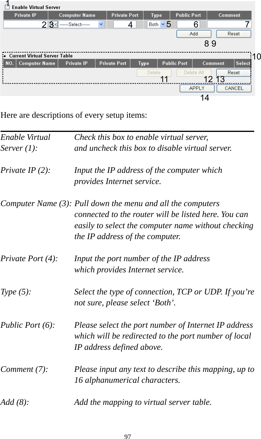 97   Here are descriptions of every setup items:  Enable Virtual      Check this box to enable virtual server, Server (1):       and uncheck this box to disable virtual server.  Private IP (2):      Input the IP address of the computer which      provides Internet service.  Computer Name (3): Pull down the menu and all the computers connected to the router will be listed here. You can easily to select the computer name without checking the IP address of the computer.  Private Port (4):    Input the port number of the IP address      which provides Internet service.  Type (5):    Select the type of connection, TCP or UDP. If you’re not sure, please select ‘Both’.  Public Port (6):    Please select the port number of Internet IP address which will be redirected to the port number of local IP address defined above.  Comment (7):    Please input any text to describe this mapping, up to 16 alphanumerical characters.  Add (8):        Add the mapping to virtual server table.  1 2 3  4 5 8 9 10 11 12 13 14 7 6 