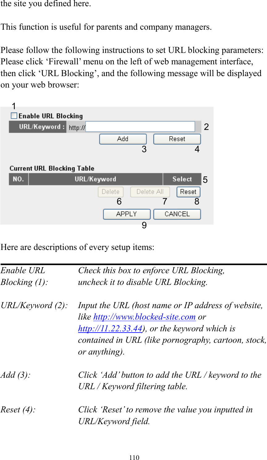 110 the site you defined here.  This function is useful for parents and company managers.  Please follow the following instructions to set URL blocking parameters: Please click ‘Firewall’ menu on the left of web management interface, then click ‘URL Blocking’, and the following message will be displayed on your web browser:    Here are descriptions of every setup items:  Enable URL      Check this box to enforce URL Blocking, Blocking (1):      uncheck it to disable URL Blocking.  URL/Keyword (2):    Input the URL (host name or IP address of website, like http://www.blocked-site.com or http://11.22.33.44), or the keyword which is contained in URL (like pornography, cartoon, stock, or anything).  Add (3):    Click ‘Add’ button to add the URL / keyword to the URL / Keyword filtering table.  Reset (4):    Click ‘Reset’ to remove the value you inputted in URL/Keyword field.  2 3 4 5 6 7 8 9 1 