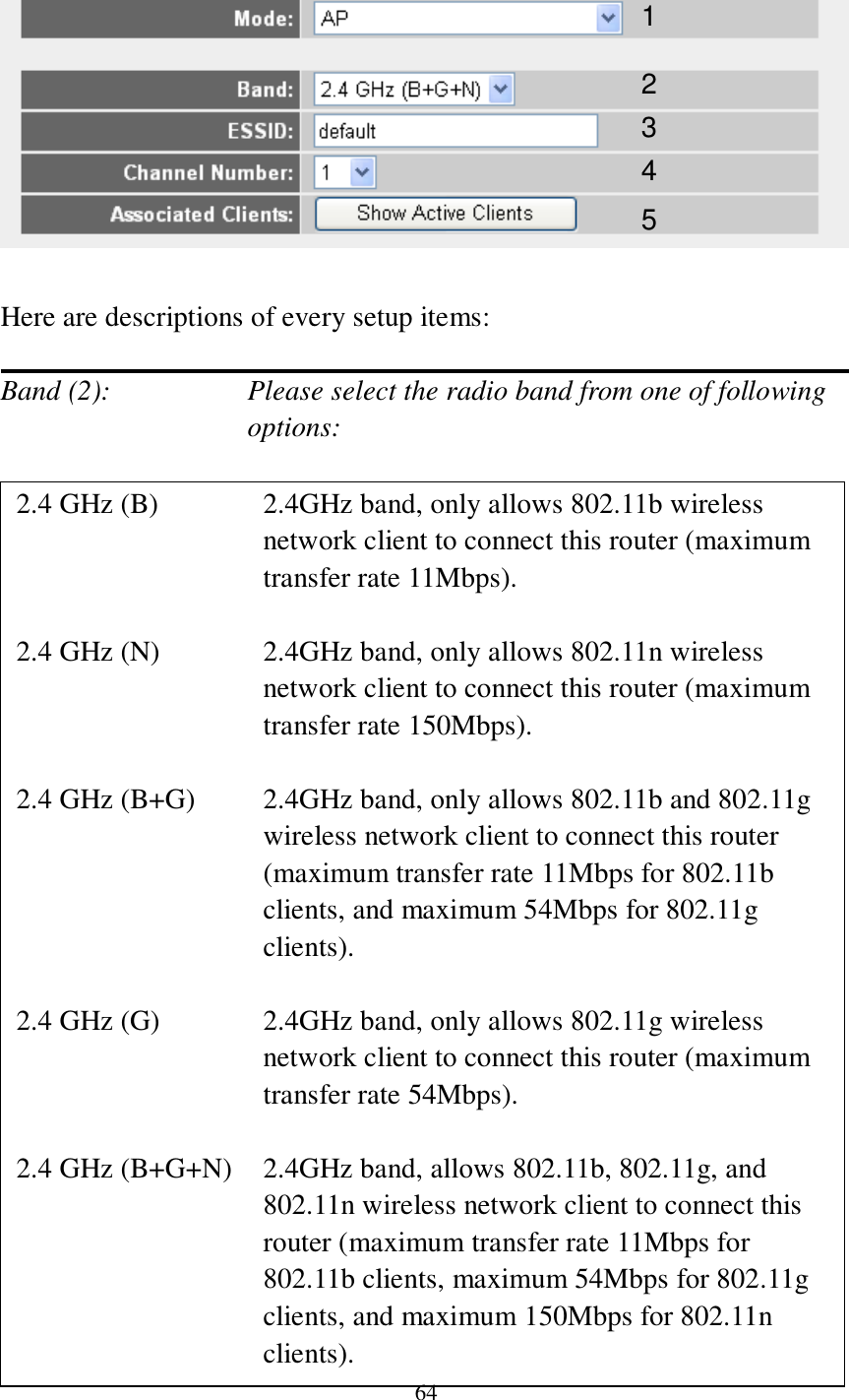 64    Here are descriptions of every setup items:  Band (2):    Please select the radio band from one of following options:                         1 2 3 4 2.4 GHz (B)  2.4GHz band, only allows 802.11b wireless network client to connect this router (maximum transfer rate 11Mbps).  2.4 GHz (N)  2.4GHz band, only allows 802.11n wireless network client to connect this router (maximum transfer rate 150Mbps).  2.4 GHz (B+G)    2.4GHz band, only allows 802.11b and 802.11g wireless network client to connect this router (maximum transfer rate 11Mbps for 802.11b clients, and maximum 54Mbps for 802.11g clients).  2.4 GHz (G)    2.4GHz band, only allows 802.11g wireless network client to connect this router (maximum transfer rate 54Mbps).  2.4 GHz (B+G+N)    2.4GHz band, allows 802.11b, 802.11g, and 802.11n wireless network client to connect this router (maximum transfer rate 11Mbps for 802.11b clients, maximum 54Mbps for 802.11g clients, and maximum 150Mbps for 802.11n clients).   5 