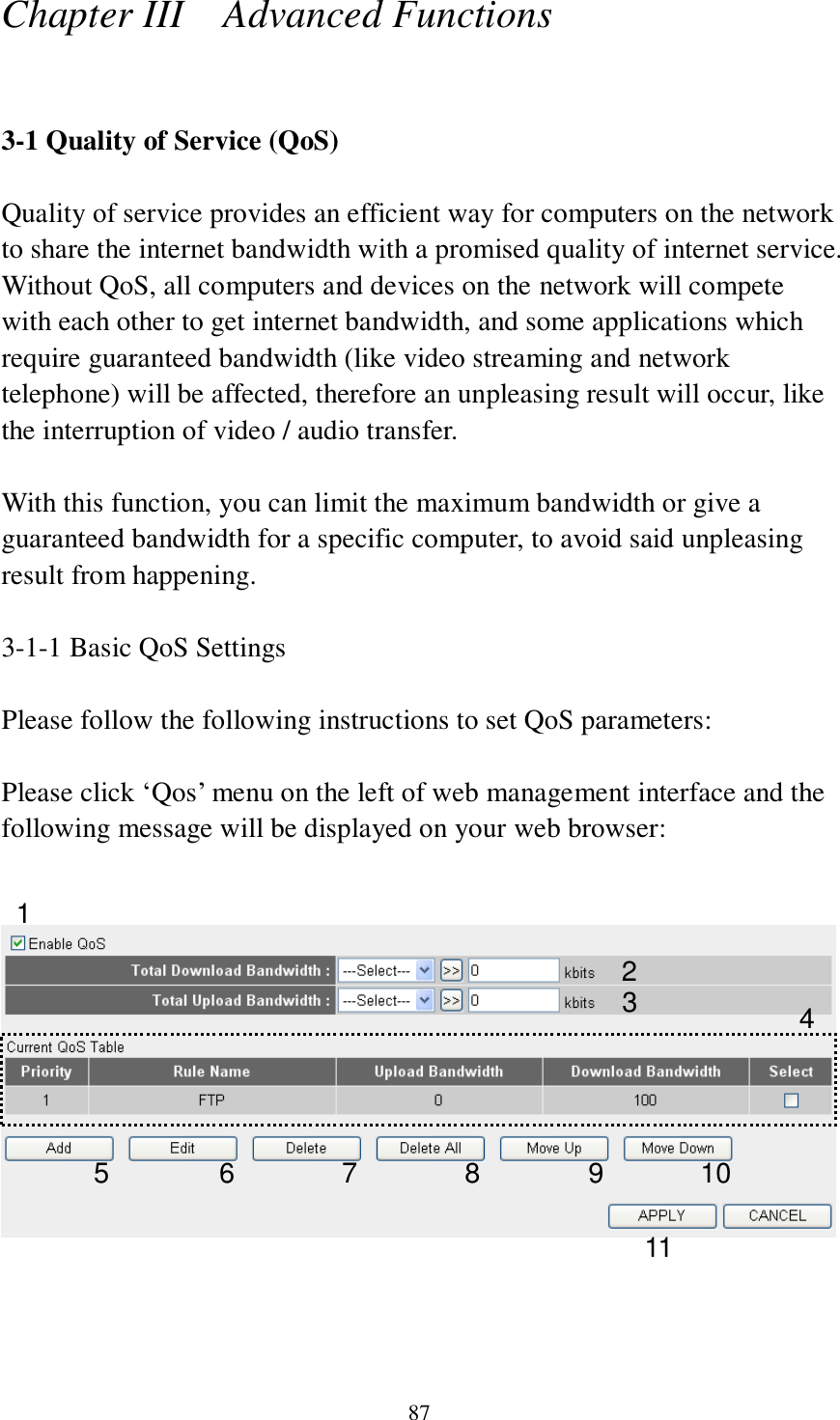 87 Chapter III    Advanced Functions  3-1 Quality of Service (QoS)  Quality of service provides an efficient way for computers on the network to share the internet bandwidth with a promised quality of internet service. Without QoS, all computers and devices on the network will compete with each other to get internet bandwidth, and some applications which require guaranteed bandwidth (like video streaming and network telephone) will be affected, therefore an unpleasing result will occur, like the interruption of video / audio transfer.    With this function, you can limit the maximum bandwidth or give a guaranteed bandwidth for a specific computer, to avoid said unpleasing result from happening.  3-1-1 Basic QoS Settings  Please follow the following instructions to set QoS parameters:  Please click „Qos‟ menu on the left of web management interface and the following message will be displayed on your web browser:       1 2 3 4 5 6 7 8 9 10 11 