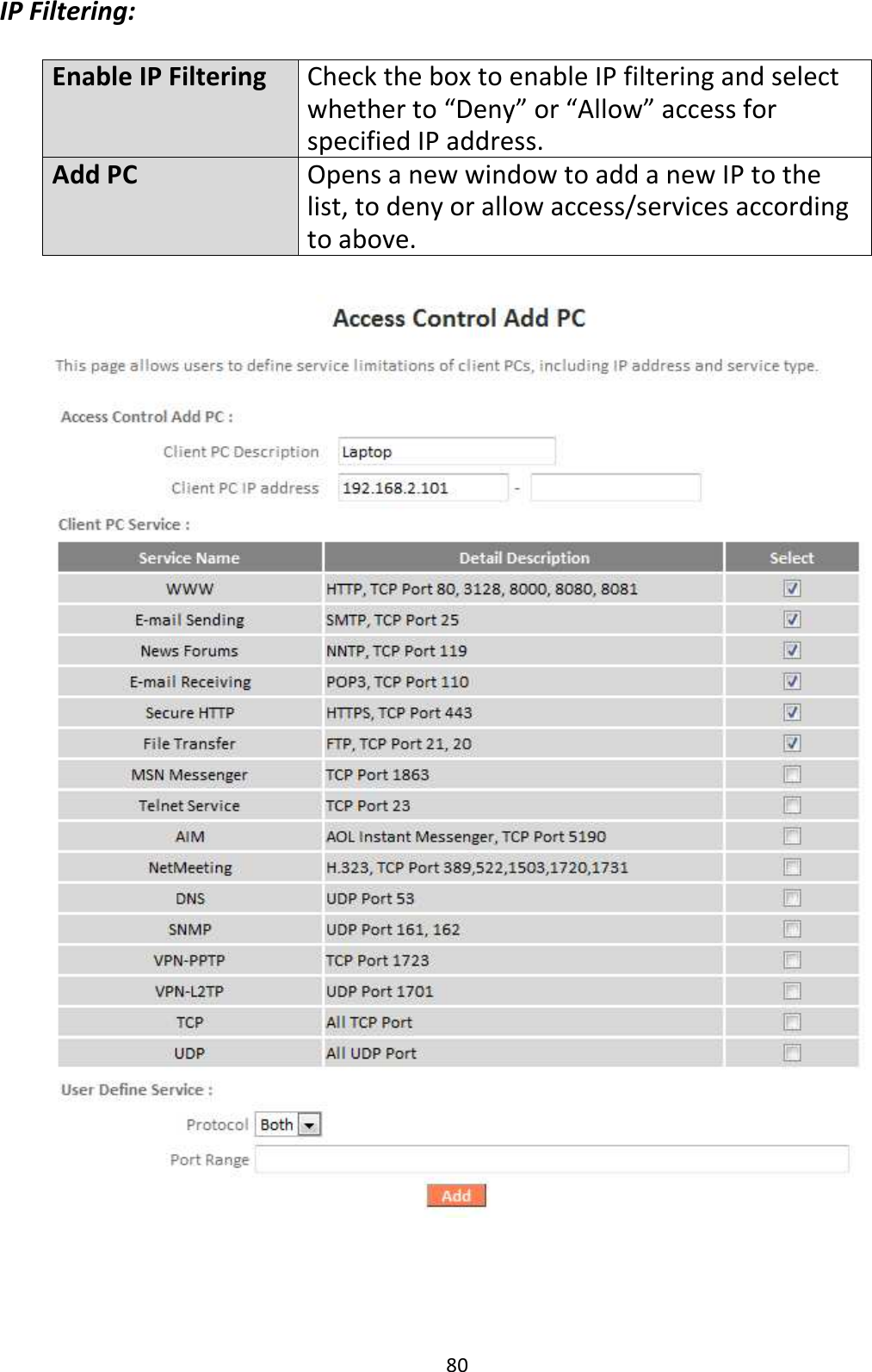 80 IP Filtering:  Enable IP Filtering Check the box to enable IP filtering and select whether to “Deny” or “Allow” access for specified IP address. Add PC Opens a new window to add a new IP to the list, to deny or allow access/services according to above.      