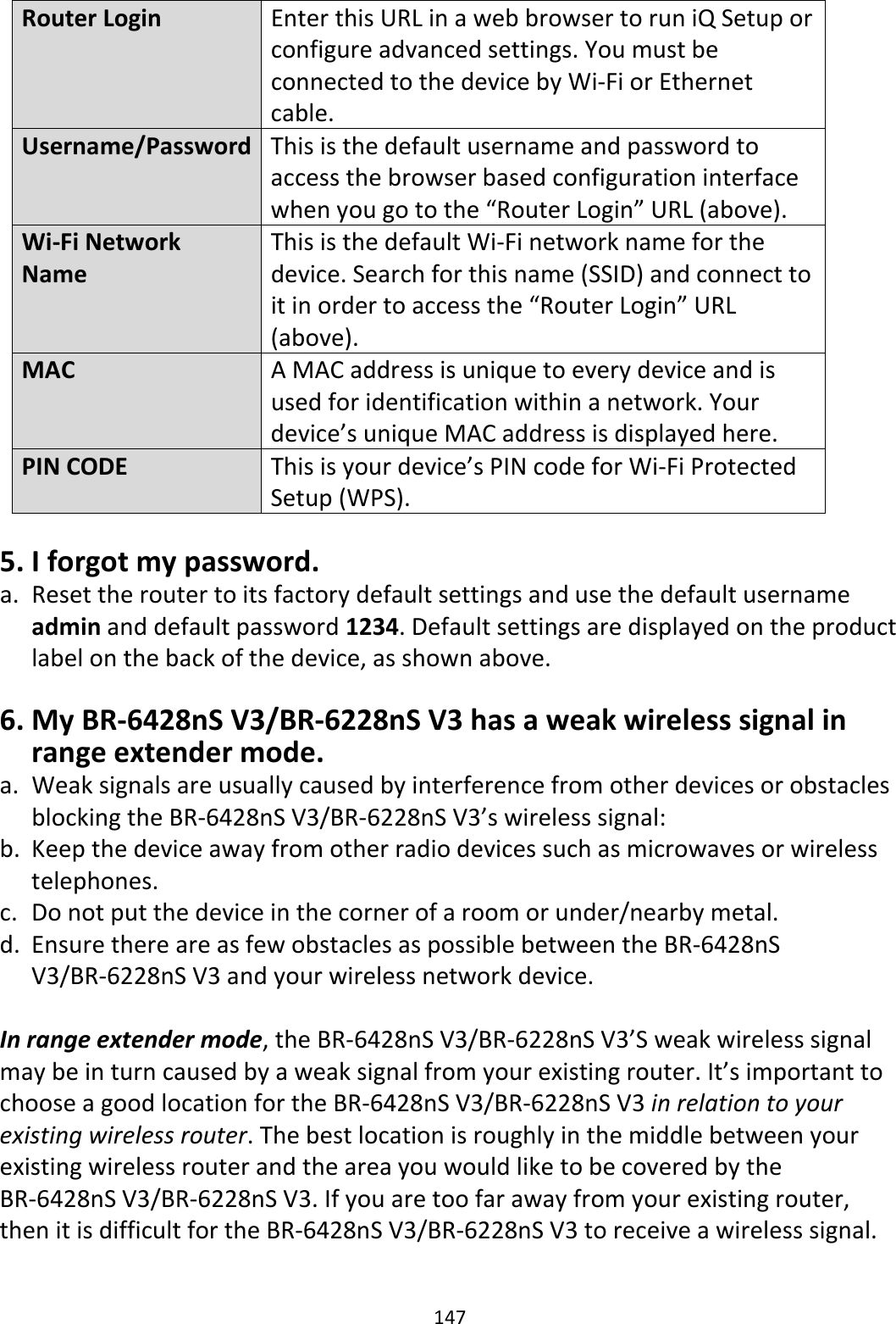 147  Router Login  Enter this URL in a web browser to run iQ Setup or configure advanced settings. You must be connected to the device by Wi-Fi or Ethernet cable. Username/Password This is the default username and password to access the browser based configuration interface when you go to the “Router Login” URL (above). Wi-Fi Network Name This is the default Wi-Fi network name for the device. Search for this name (SSID) and connect to it in order to access the “Router Login” URL (above). MAC  A MAC address is unique to every device and is used for identification within a network. Your device’s unique MAC address is displayed here. PIN CODE  This is your device’s PIN code for Wi-Fi Protected Setup (WPS).  5. I forgot my password. a. Reset the router to its factory default settings and use the default username admin and default password 1234. Default settings are displayed on the product label on the back of the device, as shown above.  6. My BR-6428nS V3/BR-6228nS V3 has a weak wireless signal in range extender mode. a. Weak signals are usually caused by interference from other devices or obstacles blocking the BR-6428nS V3/BR-6228nS V3’s wireless signal: b. Keep the device away from other radio devices such as microwaves or wireless telephones.   c. Do not put the device in the corner of a room or under/nearby metal. d. Ensure there are as few obstacles as possible between the BR-6428nS V3/BR-6228nS V3 and your wireless network device.  In range extender mode, the BR-6428nS V3/BR-6228nS V3’S weak wireless signal may be in turn caused by a weak signal from your existing router. It’s important to choose a good location for the BR-6428nS V3/BR-6228nS V3 in relation to your existing wireless router. The best location is roughly in the middle between your existing wireless router and the area you would like to be covered by the BR-6428nS V3/BR-6228nS V3. If you are too far away from your existing router, then it is difficult for the BR-6428nS V3/BR-6228nS V3 to receive a wireless signal. 