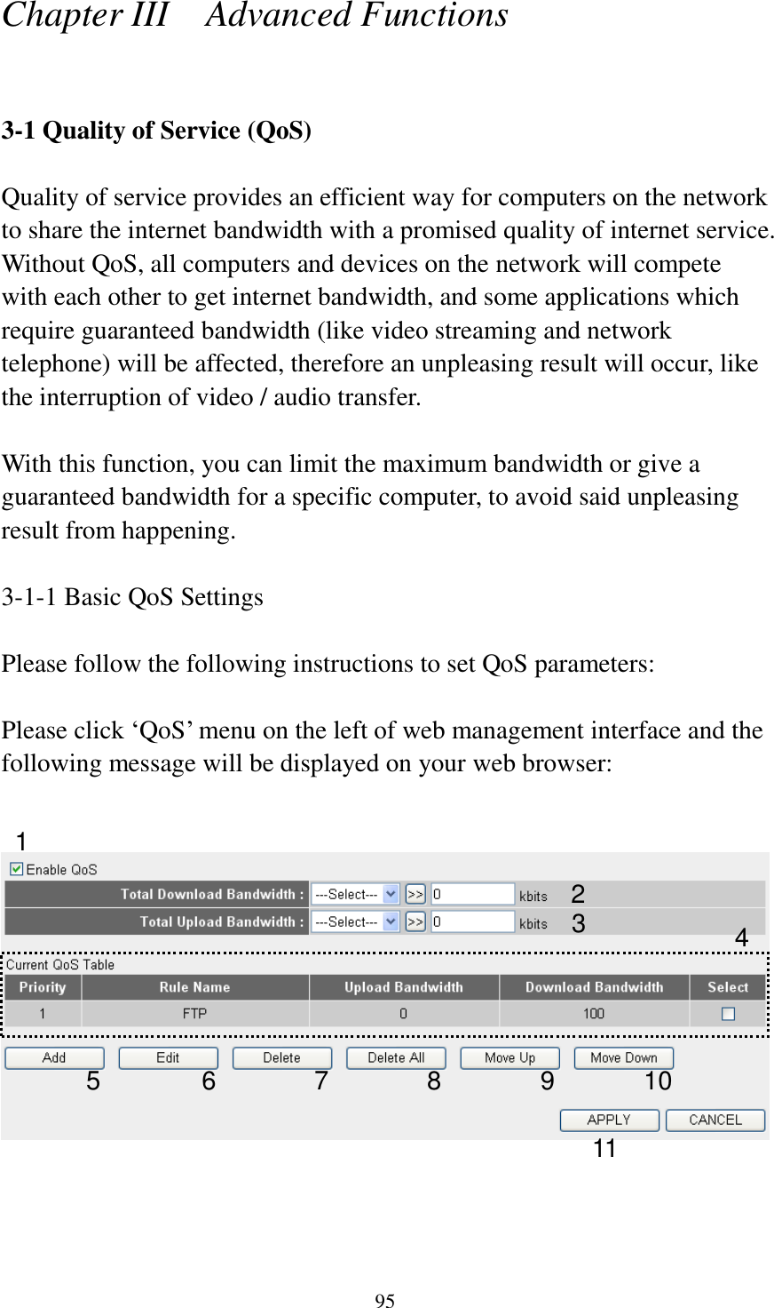 95 Chapter III    Advanced Functions  3-1 Quality of Service (QoS)  Quality of service provides an efficient way for computers on the network to share the internet bandwidth with a promised quality of internet service. Without QoS, all computers and devices on the network will compete with each other to get internet bandwidth, and some applications which require guaranteed bandwidth (like video streaming and network telephone) will be affected, therefore an unpleasing result will occur, like the interruption of video / audio transfer.    With this function, you can limit the maximum bandwidth or give a guaranteed bandwidth for a specific computer, to avoid said unpleasing result from happening.  3-1-1 Basic QoS Settings  Please follow the following instructions to set QoS parameters:  Please click „QoS‟ menu on the left of web management interface and the following message will be displayed on your web browser:       1 2 3 4 5 6 7 8 9 10 11 