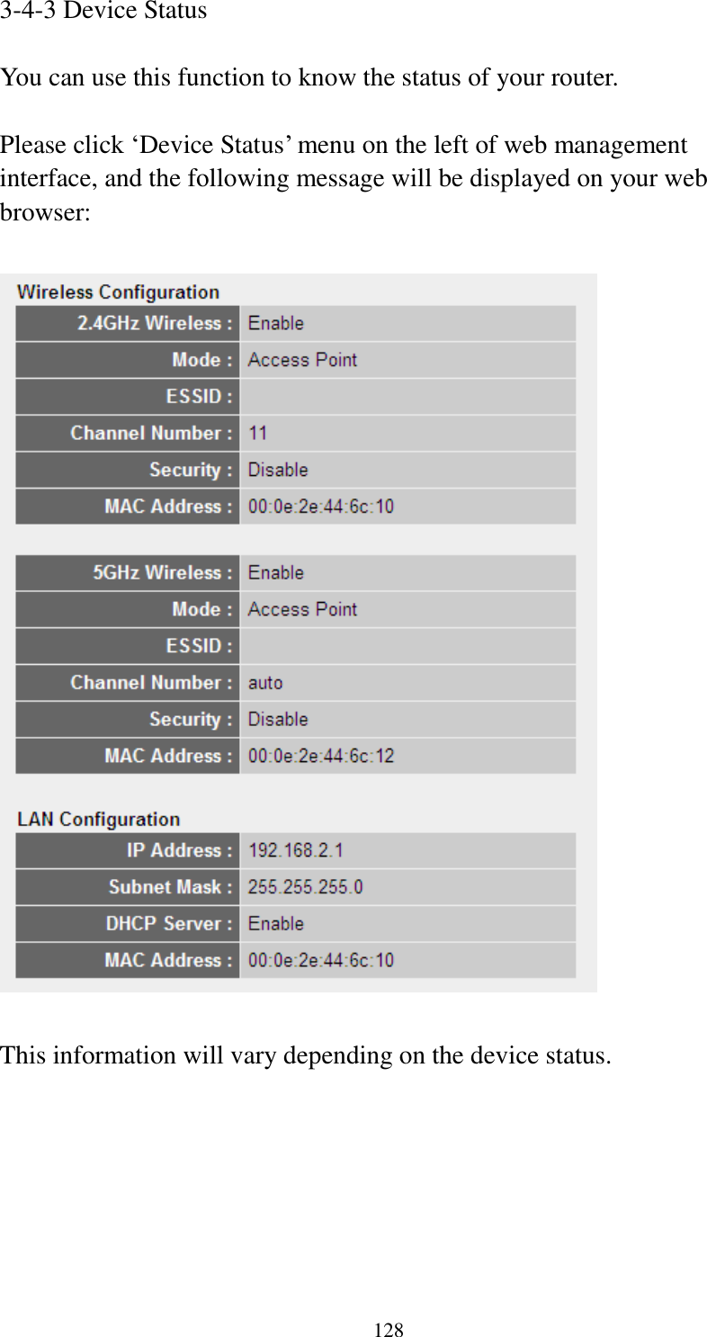 128 3-4-3 Device Status  You can use this function to know the status of your router.  Please click „Device Status‟ menu on the left of web management interface, and the following message will be displayed on your web browser:    This information will vary depending on the device status.       