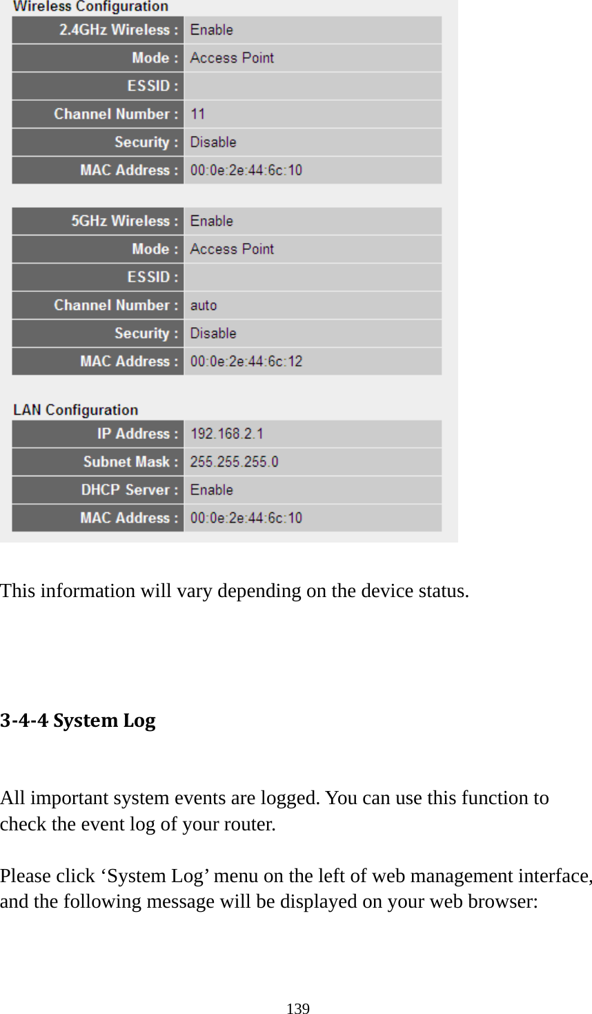 139   This information will vary depending on the device status.    344SystemLog All important system events are logged. You can use this function to check the event log of your router.  Please click ‘System Log’ menu on the left of web management interface, and the following message will be displayed on your web browser:  