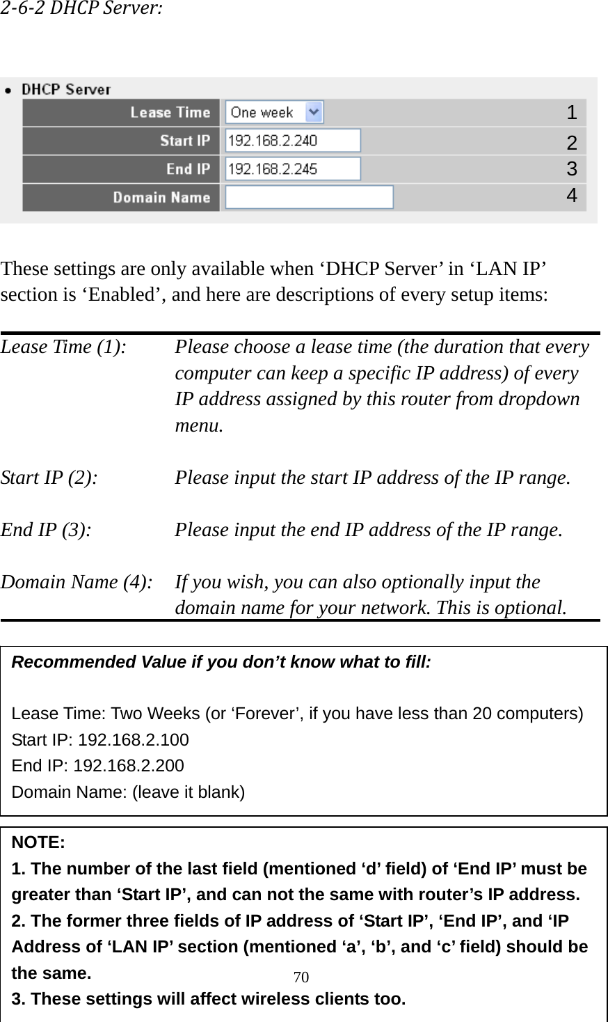 70  262DHCPServer:   These settings are only available when ‘DHCP Server’ in ‘LAN IP’ section is ‘Enabled’, and here are descriptions of every setup items:  Lease Time (1):    Please choose a lease time (the duration that every computer can keep a specific IP address) of every IP address assigned by this router from dropdown menu.  Start IP (2):      Please input the start IP address of the IP range.  End IP (3):       Please input the end IP address of the IP range.  Domain Name (4):    If you wish, you can also optionally input the domain name for your network. This is optional.             Recommended Value if you don’t know what to fill:  Lease Time: Two Weeks (or ‘Forever’, if you have less than 20 computers) Start IP: 192.168.2.100 End IP: 192.168.2.200 Domain Name: (leave it blank) NOTE:  1. The number of the last field (mentioned ‘d’ field) of ‘End IP’ must be greater than ‘Start IP’, and can not the same with router’s IP address. 2. The former three fields of IP address of ‘Start IP’, ‘End IP’, and ‘IP Address of ‘LAN IP’ section (mentioned ‘a’, ‘b’, and ‘c’ field) should be the same. 3. These settings will affect wireless clients too. 1 3 4 2 