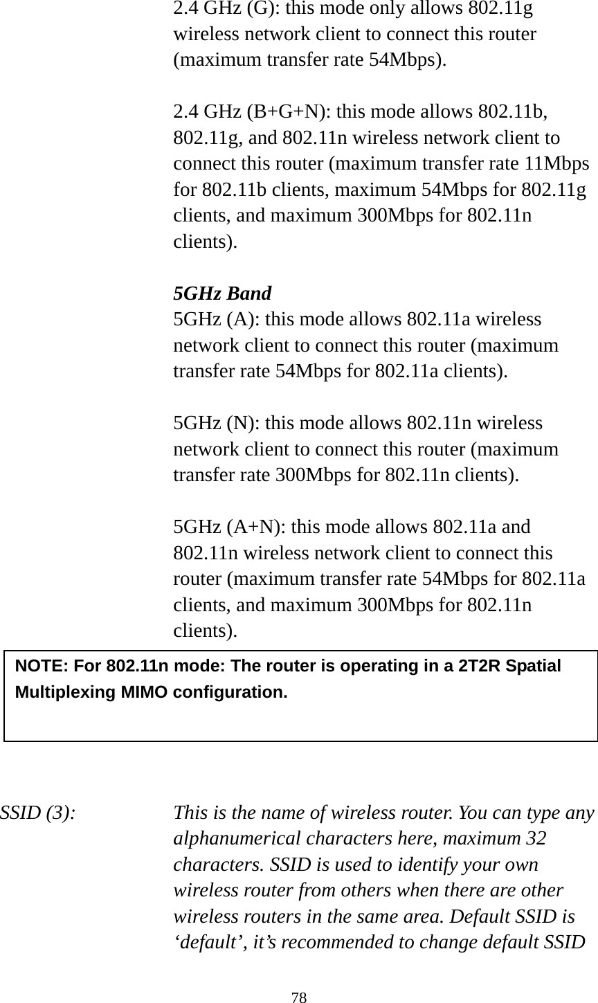 78  2.4 GHz (G): this mode only allows 802.11g wireless network client to connect this router (maximum transfer rate 54Mbps).  2.4 GHz (B+G+N): this mode allows 802.11b, 802.11g, and 802.11n wireless network client to connect this router (maximum transfer rate 11Mbps for 802.11b clients, maximum 54Mbps for 802.11g clients, and maximum 300Mbps for 802.11n clients).  5GHz Band 5GHz (A): this mode allows 802.11a wireless network client to connect this router (maximum transfer rate 54Mbps for 802.11a clients).  5GHz (N): this mode allows 802.11n wireless network client to connect this router (maximum transfer rate 300Mbps for 802.11n clients).  5GHz (A+N): this mode allows 802.11a and 802.11n wireless network client to connect this router (maximum transfer rate 54Mbps for 802.11a clients, and maximum 300Mbps for 802.11n clients).       SSID (3):    This is the name of wireless router. You can type any alphanumerical characters here, maximum 32 characters. SSID is used to identify your own wireless router from others when there are other wireless routers in the same area. Default SSID is ‘default’, it’s recommended to change default SSID NOTE: For 802.11n mode: The router is operating in a 2T2R Spatial Multiplexing MIMO configuration.    
