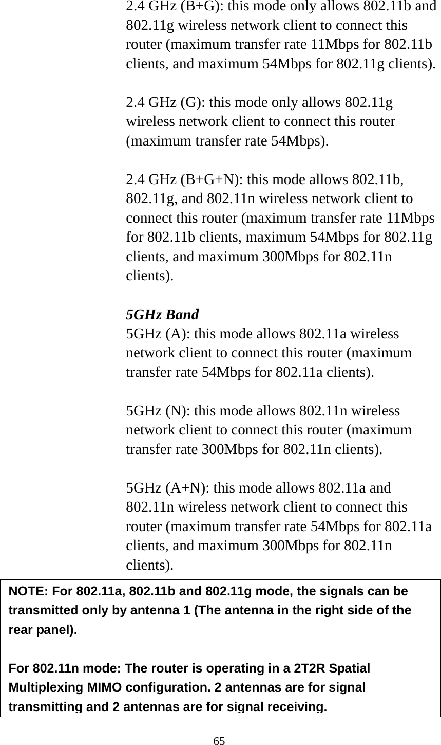 65  2.4 GHz (B+G): this mode only allows 802.11b and 802.11g wireless network client to connect this router (maximum transfer rate 11Mbps for 802.11b clients, and maximum 54Mbps for 802.11g clients).  2.4 GHz (G): this mode only allows 802.11g wireless network client to connect this router (maximum transfer rate 54Mbps).  2.4 GHz (B+G+N): this mode allows 802.11b, 802.11g, and 802.11n wireless network client to connect this router (maximum transfer rate 11Mbps for 802.11b clients, maximum 54Mbps for 802.11g clients, and maximum 300Mbps for 802.11n clients).  5GHz Band 5GHz (A): this mode allows 802.11a wireless network client to connect this router (maximum transfer rate 54Mbps for 802.11a clients).  5GHz (N): this mode allows 802.11n wireless network client to connect this router (maximum transfer rate 300Mbps for 802.11n clients).  5GHz (A+N): this mode allows 802.11a and 802.11n wireless network client to connect this router (maximum transfer rate 54Mbps for 802.11a clients, and maximum 300Mbps for 802.11n clients).        NOTE: For 802.11a, 802.11b and 802.11g mode, the signals can be transmitted only by antenna 1 (The antenna in the right side of the rear panel).    For 802.11n mode: The router is operating in a 2T2R Spatial Multiplexing MIMO configuration. 2 antennas are for signal transmitting and 2 antennas are for signal receiving.