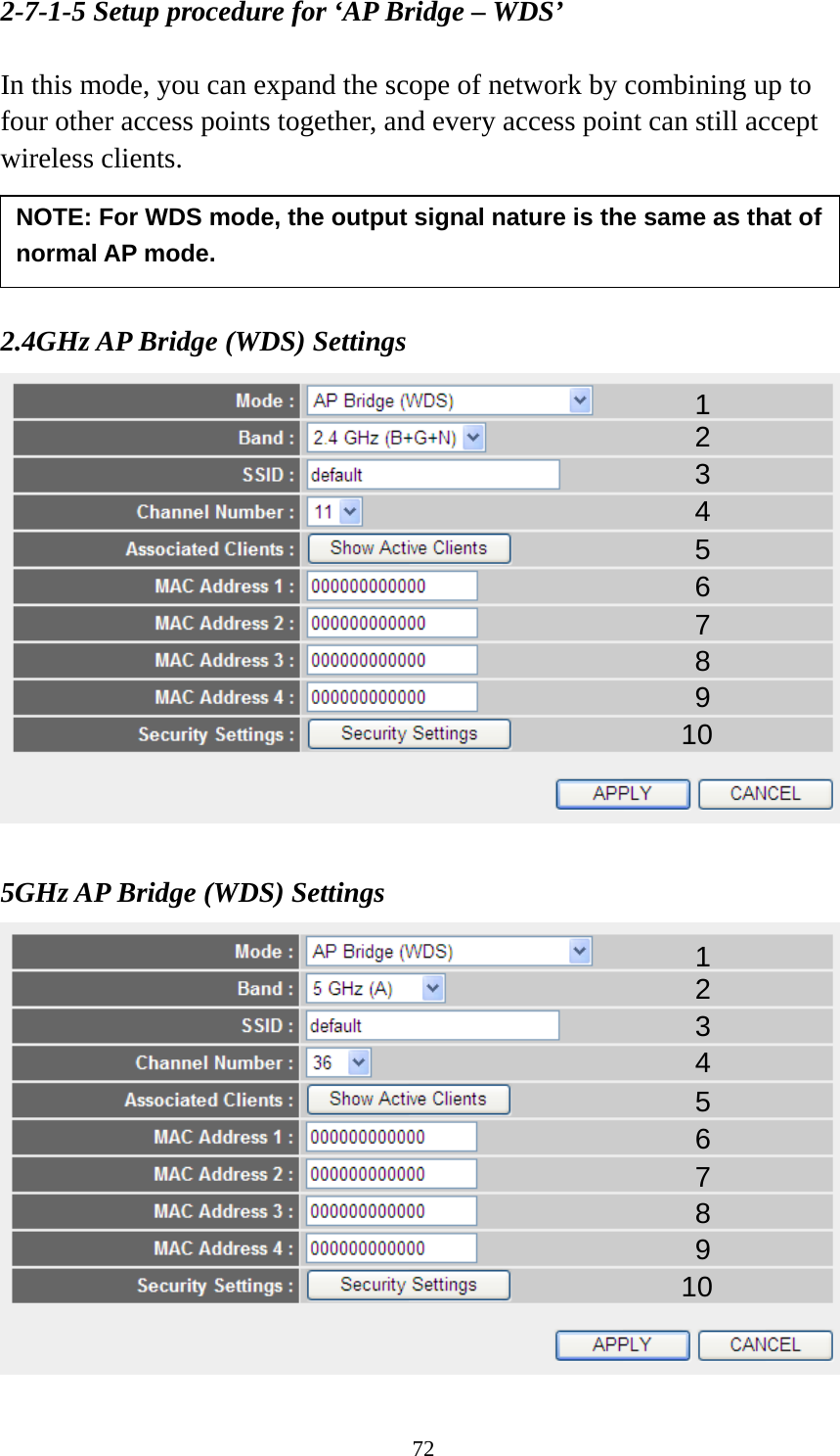 72 2-7-1-5 Setup procedure for ‘AP Bridge – WDS’  In this mode, you can expand the scope of network by combining up to four other access points together, and every access point can still accept wireless clients.     2.4GHz AP Bridge (WDS) Settings   5GHz AP Bridge (WDS) Settings  1 2 3 4 5 7 8 6 9 10 NOTE: For WDS mode, the output signal nature is the same as that of normal AP mode. 1 2 3 4 5 7 8 6 9 10 