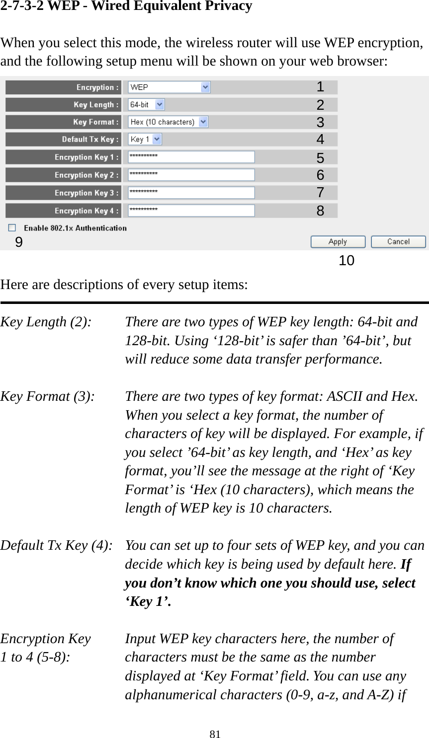 81 2-7-3-2 WEP - Wired Equivalent Privacy  When you select this mode, the wireless router will use WEP encryption, and the following setup menu will be shown on your web browser:   Here are descriptions of every setup items:  Key Length (2):    There are two types of WEP key length: 64-bit and 128-bit. Using ‘128-bit’ is safer than ’64-bit’, but will reduce some data transfer performance.  Key Format (3):    There are two types of key format: ASCII and Hex. When you select a key format, the number of characters of key will be displayed. For example, if you select ’64-bit’ as key length, and ‘Hex’ as key format, you’ll see the message at the right of ‘Key Format’ is ‘Hex (10 characters), which means the length of WEP key is 10 characters.  Default Tx Key (4):   You can set up to four sets of WEP key, and you can decide which key is being used by default here. If you don’t know which one you should use, select ‘Key 1’.  Encryption Key     Input WEP key characters here, the number of 1 to 4 (5-8):    characters must be the same as the number displayed at ‘Key Format’ field. You can use any alphanumerical characters (0-9, a-z, and A-Z) if 123 5 7 6 9 4 8 10 