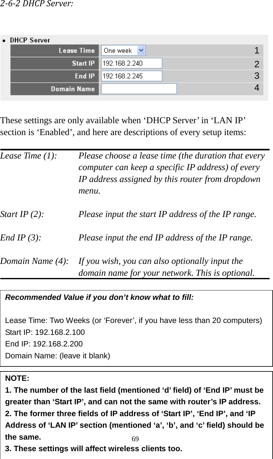 69  2-6-2 DHCP Server:    These settings are only available when ‘DHCP Server’ in ‘LAN IP’ section is ‘Enabled’, and here are descriptions of every setup items:  Lease Time (1):   Please choose a lease time (the duration that every computer can keep a specific IP address) of every IP address assigned by this router from dropdown menu.  Start IP (2):      Please input the start IP address of the IP range.  End IP (3):       Please input the end IP address of the IP range.  Domain Name (4):   If you wish, you can also optionally input the domain name for your network. This is optional.             Recommended Value if you don’t know what to fill:  Lease Time: Two Weeks (or ‘Forever’, if you have less than 20 computers) Start IP: 192.168.2.100 End IP: 192.168.2.200 Domain Name: (leave it blank) NOTE:   1. The number of the last field (mentioned ‘d’ field) of ‘End IP’ must be greater than ‘Start IP’, and can not the same with router’s IP address. 2. The former three fields of IP address of ‘Start IP’, ‘End IP’, and ‘IP Address of ‘LAN IP’ section (mentioned ‘a’, ‘b’, and ‘c’ field) should be the same. 3. These settings will affect wireless clients too. 1 3 4 2 