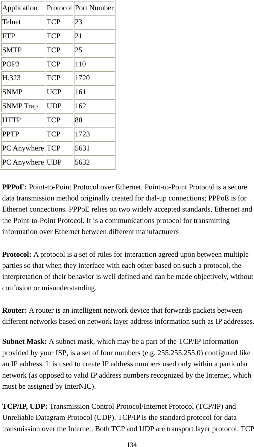 134 Application Protocol Port NumberTelnet TCP 23 FTP TCP 21 SMTP TCP 25 POP3 TCP 110 H.323 TCP 1720 SNMP UCP 161 SNMP Trap  UDP  162 HTTP TCP 80 PPTP TCP 1723 PC Anywhere  TCP  5631 PC Anywhere  UDP  5632  PPPoE: Point-to-Point Protocol over Ethernet. Point-to-Point Protocol is a secure data transmission method originally created for dial-up connections; PPPoE is for Ethernet connections. PPPoE relies on two widely accepted standards, Ethernet and the Point-to-Point Protocol. It is a communications protocol for transmitting information over Ethernet between different manufacturers  Protocol: A protocol is a set of rules for interaction agreed upon between multiple parties so that when they interface with each other based on such a protocol, the interpretation of their behavior is well defined and can be made objectively, without confusion or misunderstanding.    Router: A router is an intelligent network device that forwards packets between different networks based on network layer address information such as IP addresses. Subnet Mask: A subnet mask, which may be a part of the TCP/IP information provided by your ISP, is a set of four numbers (e.g. 255.255.255.0) configured like an IP address. It is used to create IP address numbers used only within a particular network (as opposed to valid IP address numbers recognized by the Internet, which must be assigned by InterNIC).   TCP/IP, UDP: Transmission Control Protocol/Internet Protocol (TCP/IP) and Unreliable Datagram Protocol (UDP). TCP/IP is the standard protocol for data transmission over the Internet. Both TCP and UDP are transport layer protocol. TCP 