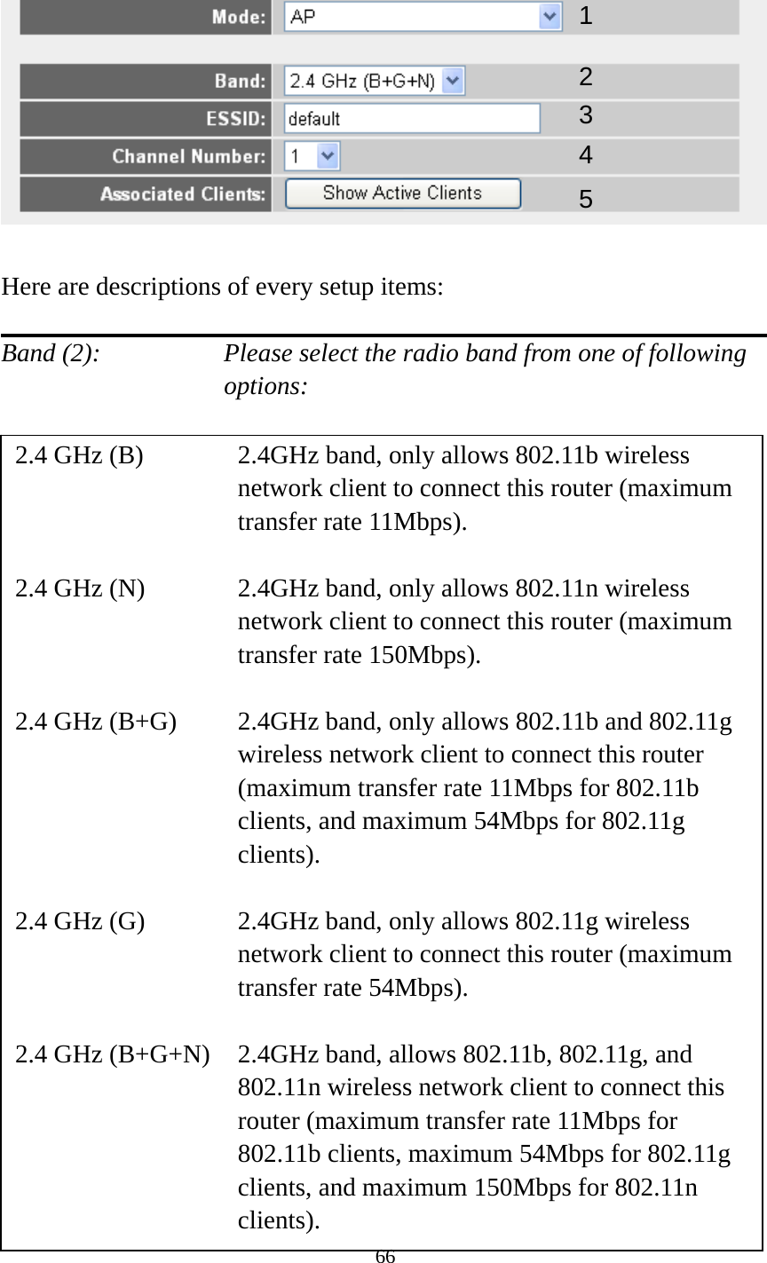 66    Here are descriptions of every setup items:  Band (2):    Please select the radio band from one of following options:                         12 34 2.4 GHz (B)  2.4GHz band, only allows 802.11b wireless network client to connect this router (maximum transfer rate 11Mbps).  2.4 GHz (N)  2.4GHz band, only allows 802.11n wireless network client to connect this router (maximum transfer rate 150Mbps).  2.4 GHz (B+G)    2.4GHz band, only allows 802.11b and 802.11g wireless network client to connect this router (maximum transfer rate 11Mbps for 802.11b clients, and maximum 54Mbps for 802.11g clients).  2.4 GHz (G)    2.4GHz band, only allows 802.11g wireless network client to connect this router (maximum transfer rate 54Mbps).  2.4 GHz (B+G+N)    2.4GHz band, allows 802.11b, 802.11g, and 802.11n wireless network client to connect this router (maximum transfer rate 11Mbps for 802.11b clients, maximum 54Mbps for 802.11g clients, and maximum 150Mbps for 802.11n clients). 5 