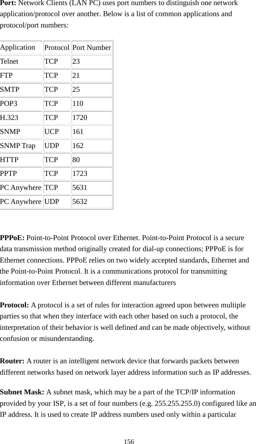 156 Port: Network Clients (LAN PC) uses port numbers to distinguish one network application/protocol over another. Below is a list of common applications and protocol/port numbers: Application  Protocol Port Number Telnet TCP  23 FTP TCP  21 SMTP TCP  25 POP3 TCP 110 H.323  TCP  1720 SNMP UCP  161 SNMP Trap UDP  162 HTTP TCP  80 PPTP TCP  1723 PC Anywhere TCP  5631 PC Anywhere UDP  5632   PPPoE: Point-to-Point Protocol over Ethernet. Point-to-Point Protocol is a secure data transmission method originally created for dial-up connections; PPPoE is for Ethernet connections. PPPoE relies on two widely accepted standards, Ethernet and the Point-to-Point Protocol. It is a communications protocol for transmitting information over Ethernet between different manufacturers  Protocol: A protocol is a set of rules for interaction agreed upon between multiple parties so that when they interface with each other based on such a protocol, the interpretation of their behavior is well defined and can be made objectively, without confusion or misunderstanding.    Router: A router is an intelligent network device that forwards packets between different networks based on network layer address information such as IP addresses. Subnet Mask: A subnet mask, which may be a part of the TCP/IP information provided by your ISP, is a set of four numbers (e.g. 255.255.255.0) configured like an IP address. It is used to create IP address numbers used only within a particular 