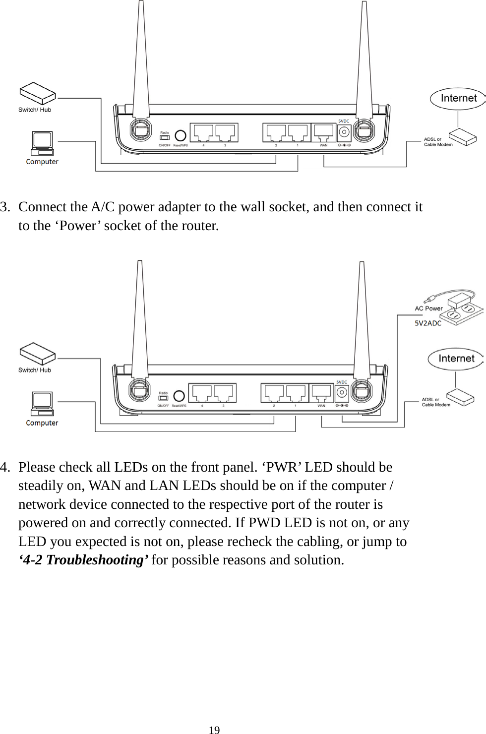 19   3. Connect the A/C power adapter to the wall socket, and then connect it to the ‘Power’ socket of the router.    4. Please check all LEDs on the front panel. ‘PWR’ LED should be steadily on, WAN and LAN LEDs should be on if the computer / network device connected to the respective port of the router is powered on and correctly connected. If PWD LED is not on, or any LED you expected is not on, please recheck the cabling, or jump to ‘4-2 Troubleshooting’ for possible reasons and solution. 