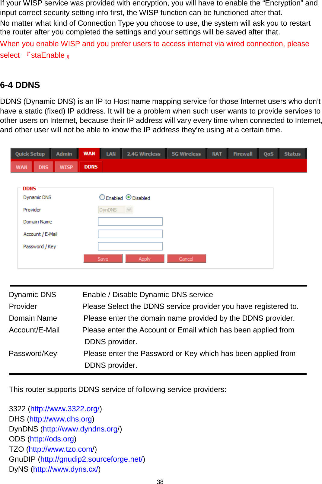 38  If your WISP service was provided with encryption, you will have to enable the “Encryption” and input correct security setting info first, the WISP function can be functioned after that. No matter what kind of Connection Type you choose to use, the system will ask you to restart the router after you completed the settings and your settings will be saved after that. When you enable WISP and you prefer users to access internet via wired connection, please select  『staEnable』  6-4 DDNS DDNS (Dynamic DNS) is an IP‐to‐Host name mapping service for those Internet users who don’t have a static (fixed) IP address. It will be a problem when such user wants to provide services to other users on Internet, because their IP address will vary every time when connected to Internet, and other user will not be able to know the IP address they’re using at a certain time.    Dynamic DNS       Enable / Disable Dynamic DNS service Provider            Please Select the DDNS service provider you have registered to. Domain Name       Please enter the domain name provided by the DDNS provider. Account/E-Mail      Please enter the Account or Email which has been applied from DDNS provider. Password/Key       Please enter the Password or Key which has been applied from DDNS provider.  This router supports DDNS service of following service providers:  3322 (http://www.3322.org/) DHS (http://www.dhs.org) DynDNS (http://www.dyndns.org/) ODS (http://ods.org) TZO (http://www.tzo.com/) GnuDIP (http://gnudip2.sourceforge.net/) DyNS (http://www.dyns.cx/) 